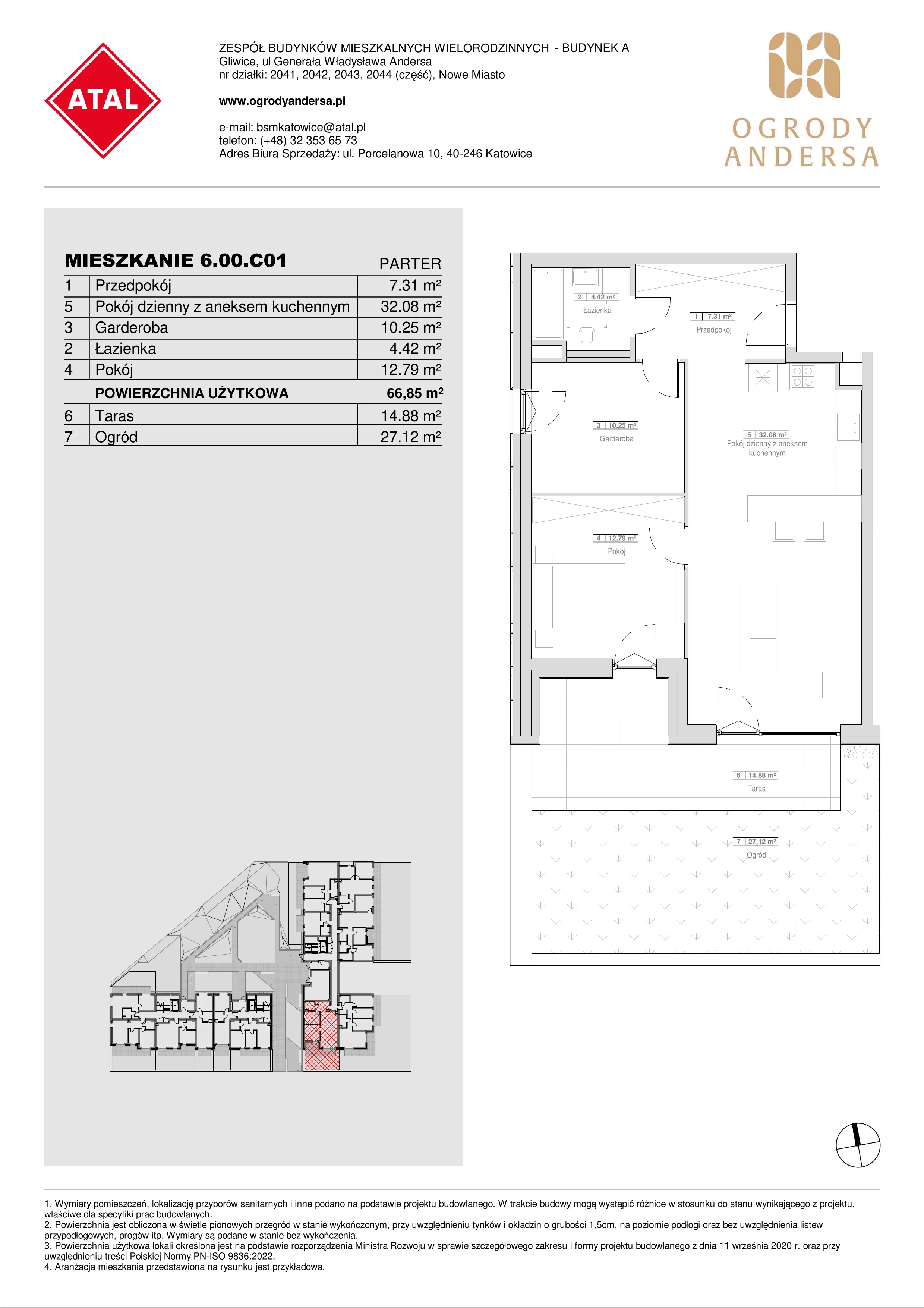 Mieszkanie 66,85 m², parter, oferta nr 6.00.C01, Ogrody Andersa II, Gliwice, Wojska Polskiego, ul. Generała Władysława Andersa-idx