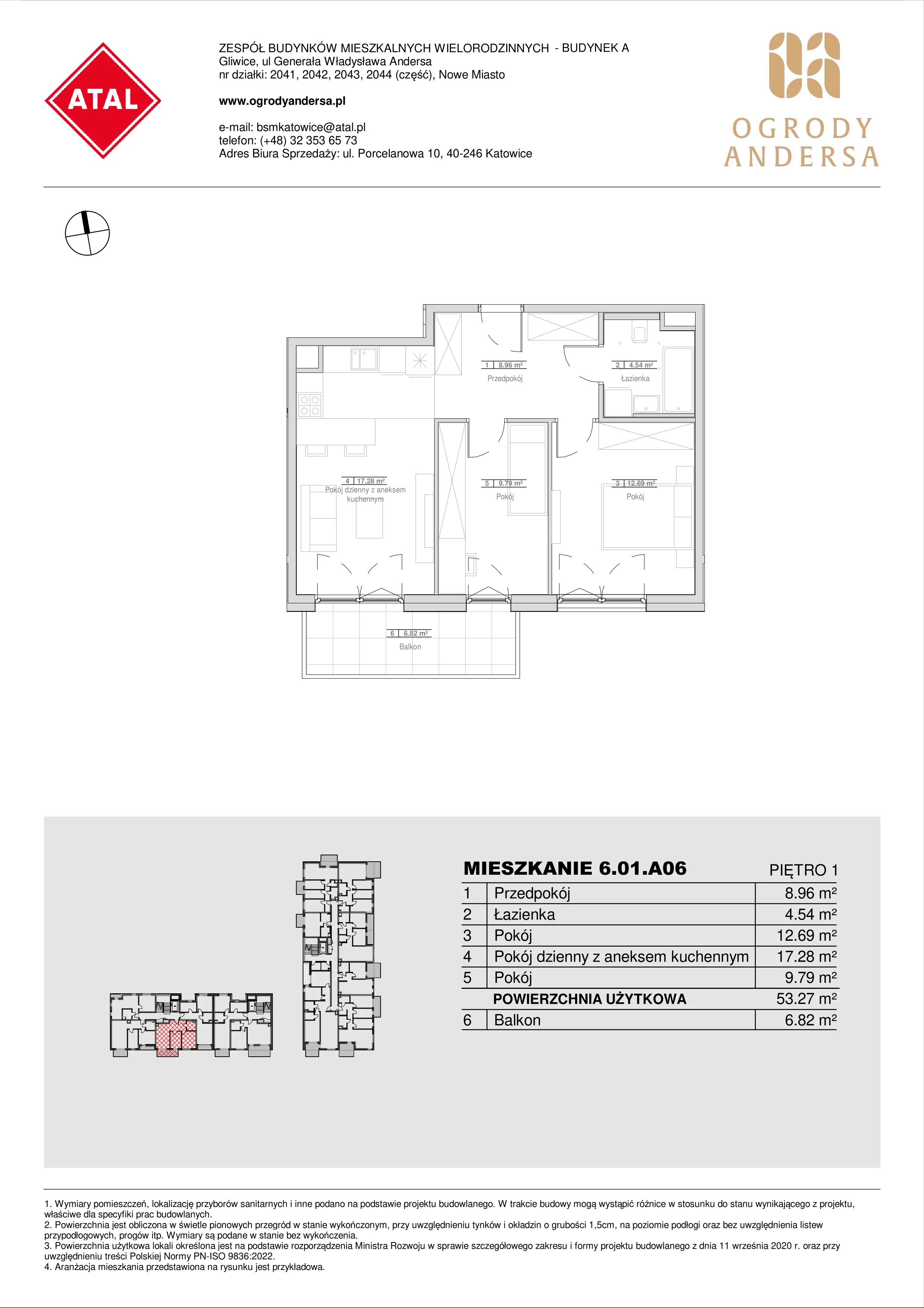 Mieszkanie 53,27 m², piętro 1, oferta nr 6.01.A06, Ogrody Andersa II, Gliwice, Wojska Polskiego, ul. Generała Władysława Andersa