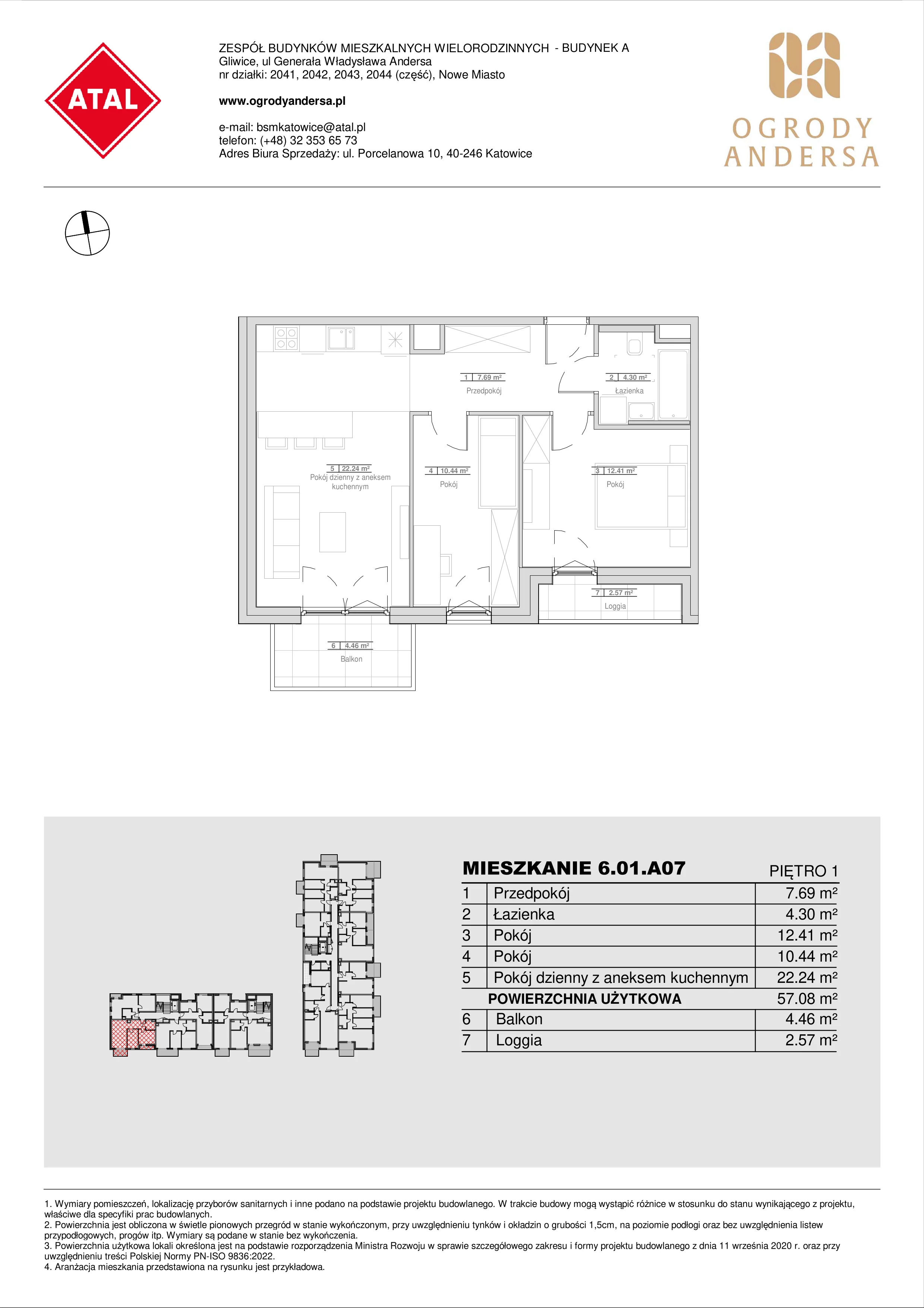 Mieszkanie 57,08 m², piętro 1, oferta nr 6.01.A07, Ogrody Andersa II, Gliwice, Wojska Polskiego, ul. Generała Władysława Andersa