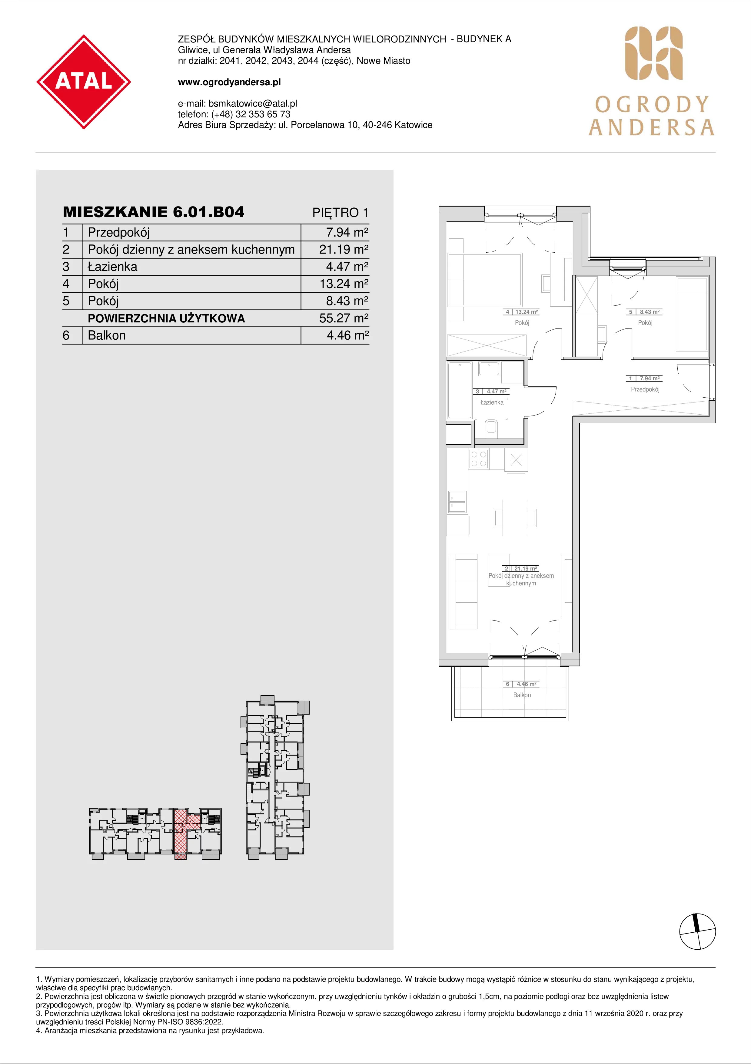 Mieszkanie 55,27 m², piętro 1, oferta nr 6.01.B04, Ogrody Andersa II, Gliwice, Wojska Polskiego, ul. Generała Władysława Andersa