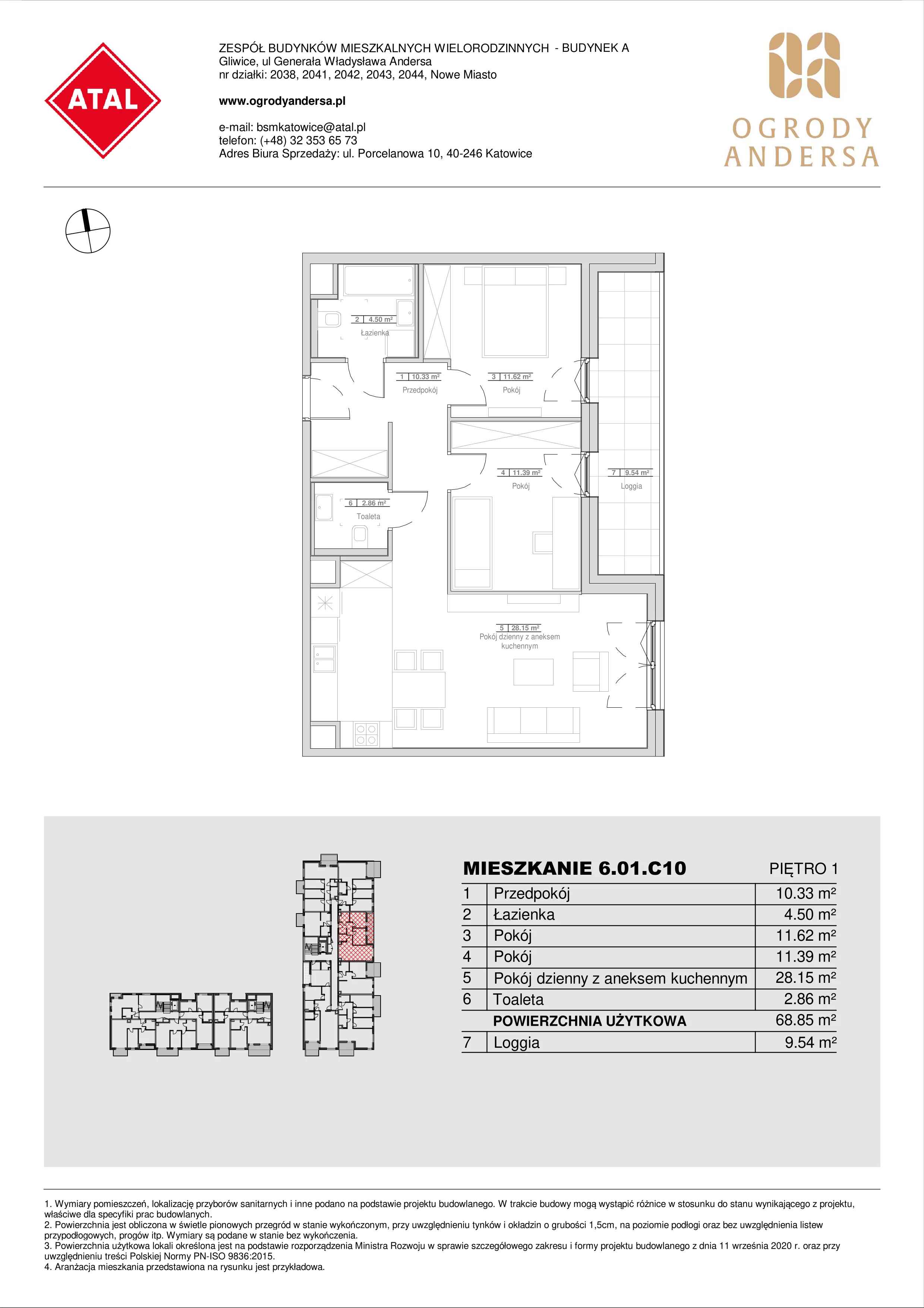 Mieszkanie 68,85 m², piętro 1, oferta nr 6.01.C10, Ogrody Andersa II, Gliwice, Wojska Polskiego, ul. Generała Władysława Andersa