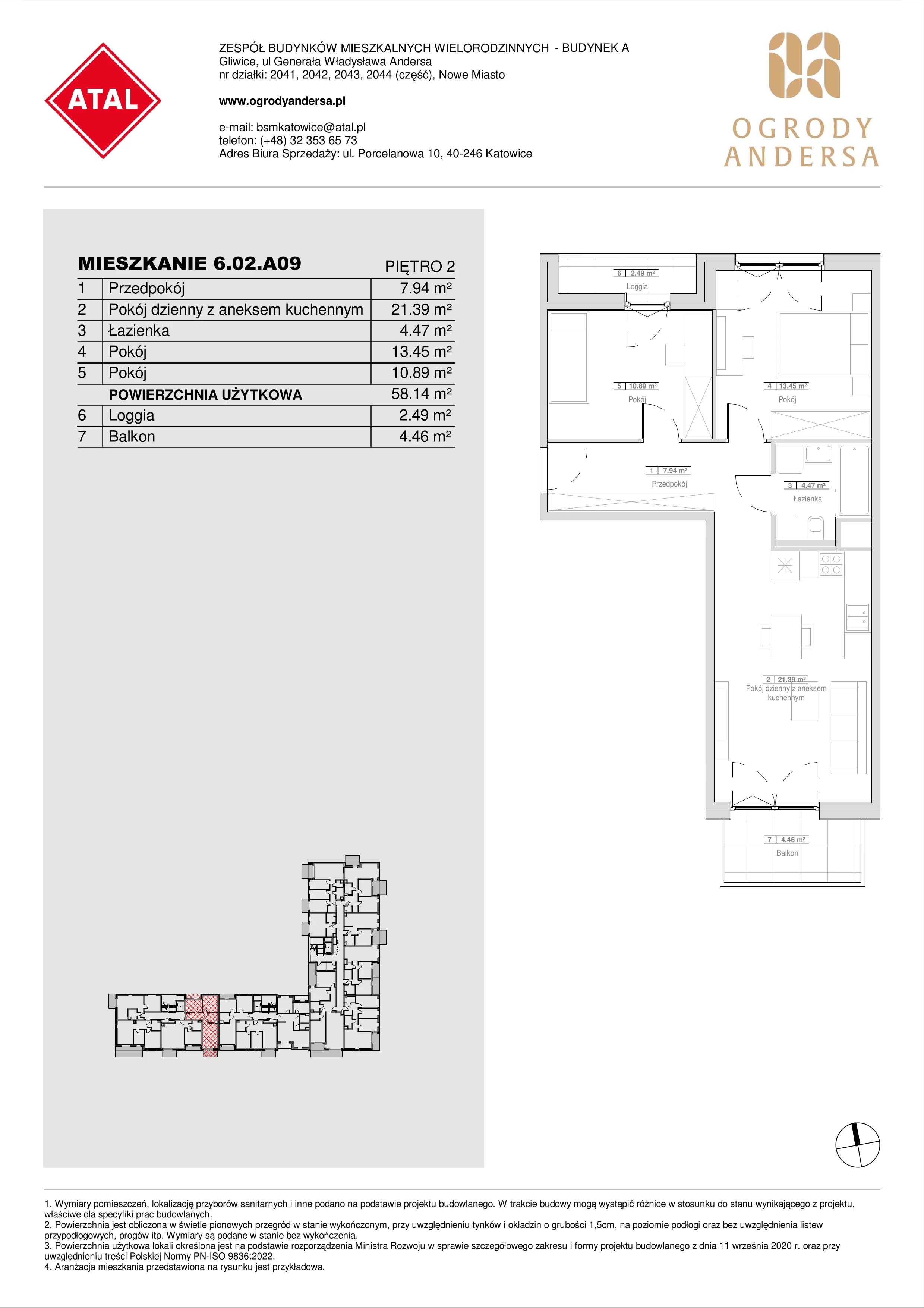 Mieszkanie 58,14 m², piętro 2, oferta nr 6.02.A09, Ogrody Andersa II, Gliwice, Wojska Polskiego, ul. Generała Władysława Andersa