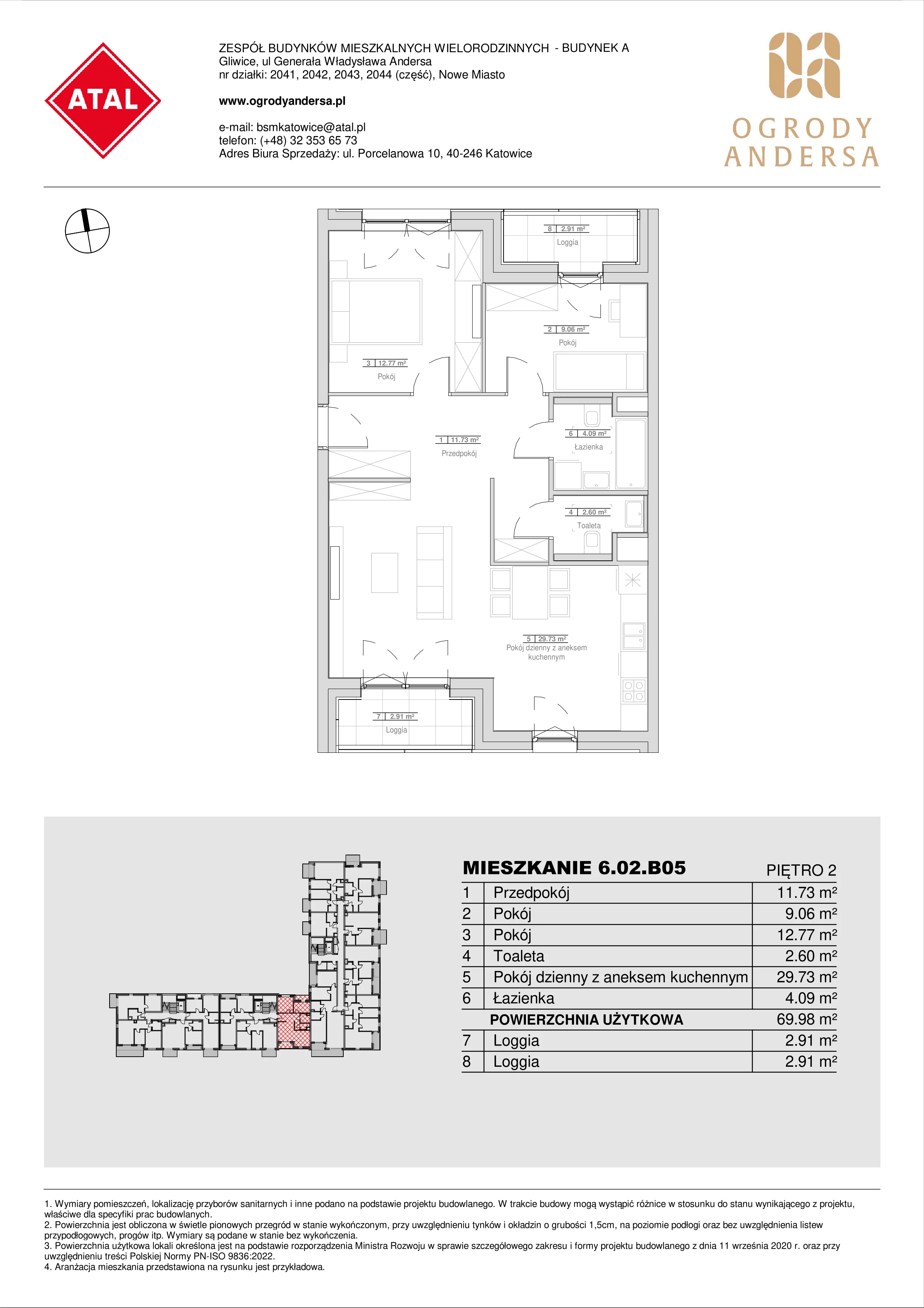 Mieszkanie 69,98 m², piętro 2, oferta nr 6.02.B05, Ogrody Andersa II, Gliwice, Wojska Polskiego, ul. Generała Władysława Andersa