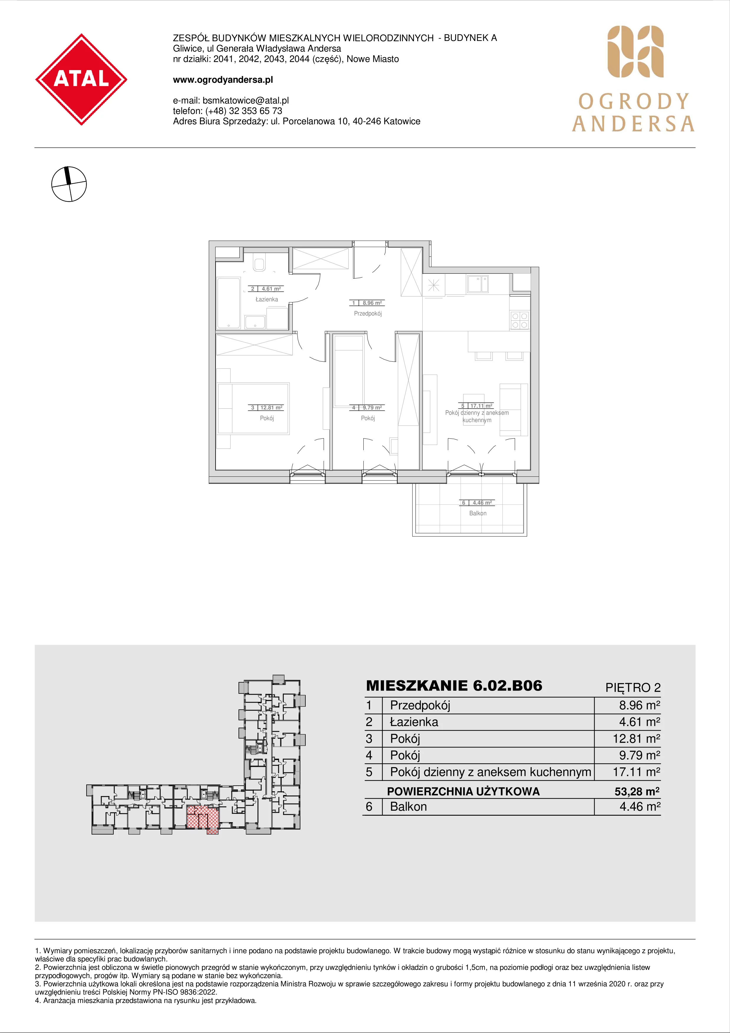 Mieszkanie 53,28 m², piętro 2, oferta nr 6.02.B06, Ogrody Andersa II, Gliwice, Wojska Polskiego, ul. Generała Władysława Andersa