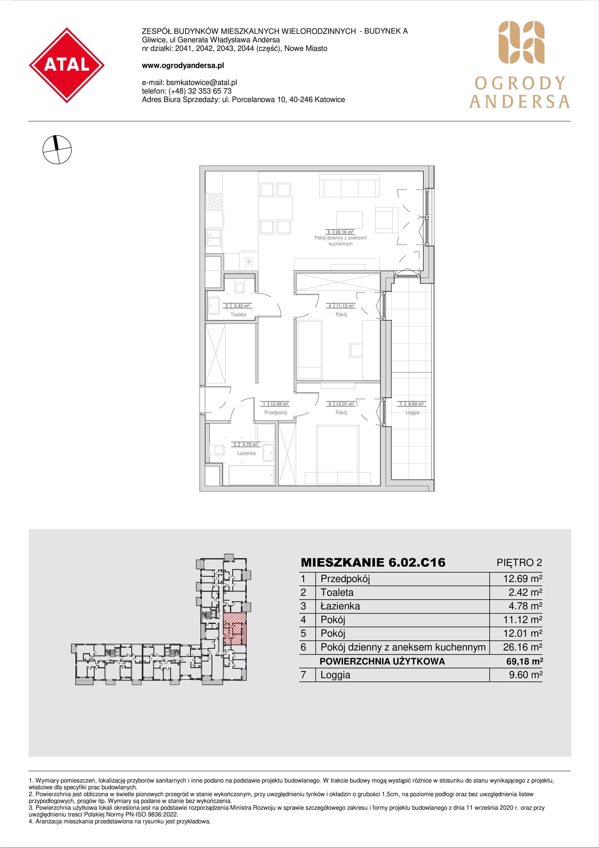 Mieszkanie 69,18 m², piętro 2, oferta nr 6.02.C16, Ogrody Andersa II, Gliwice, Wojska Polskiego, ul. Generała Władysława Andersa