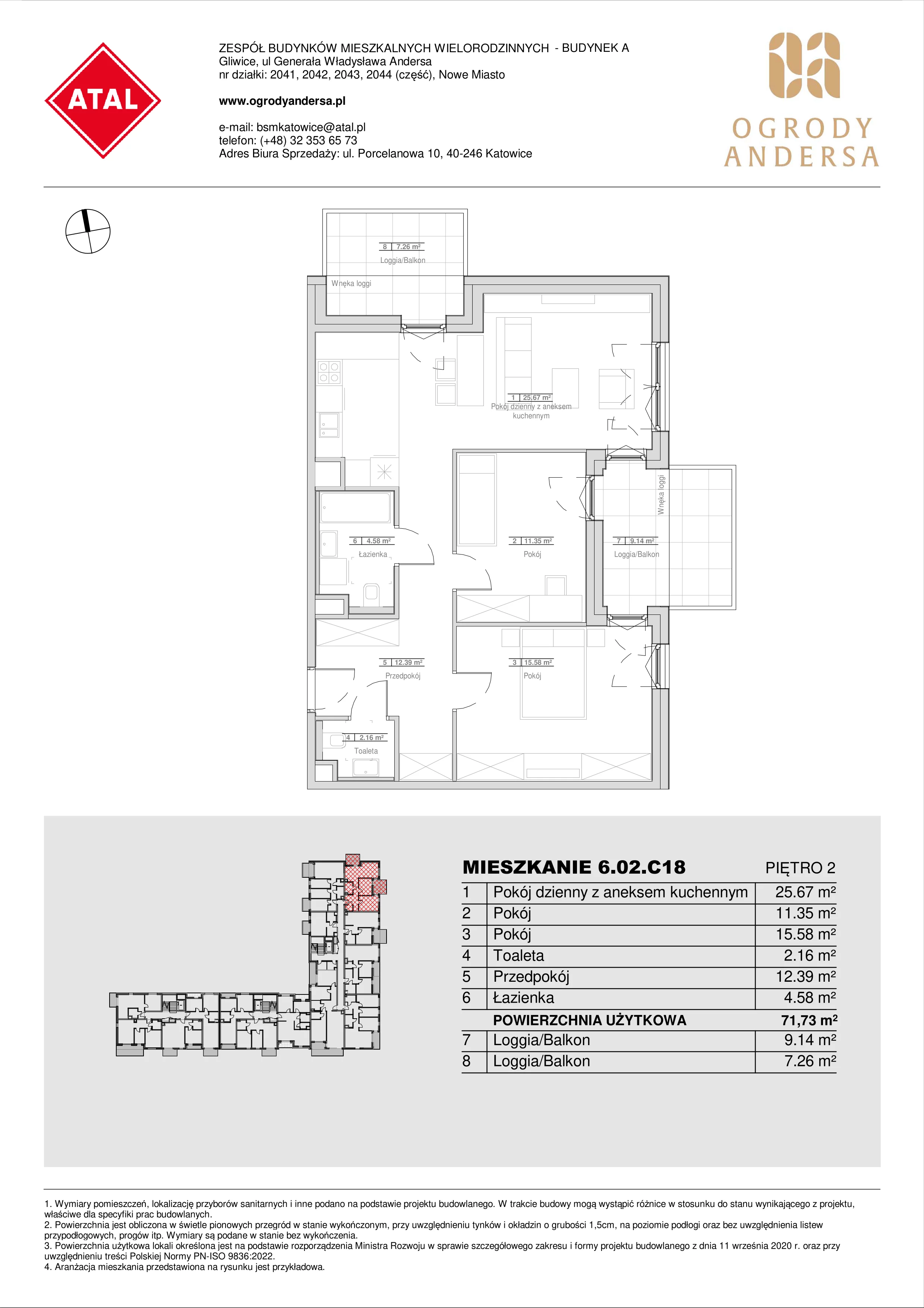 Mieszkanie 71,73 m², piętro 2, oferta nr 6.02.C18, Ogrody Andersa II, Gliwice, Wojska Polskiego, ul. Generała Władysława Andersa