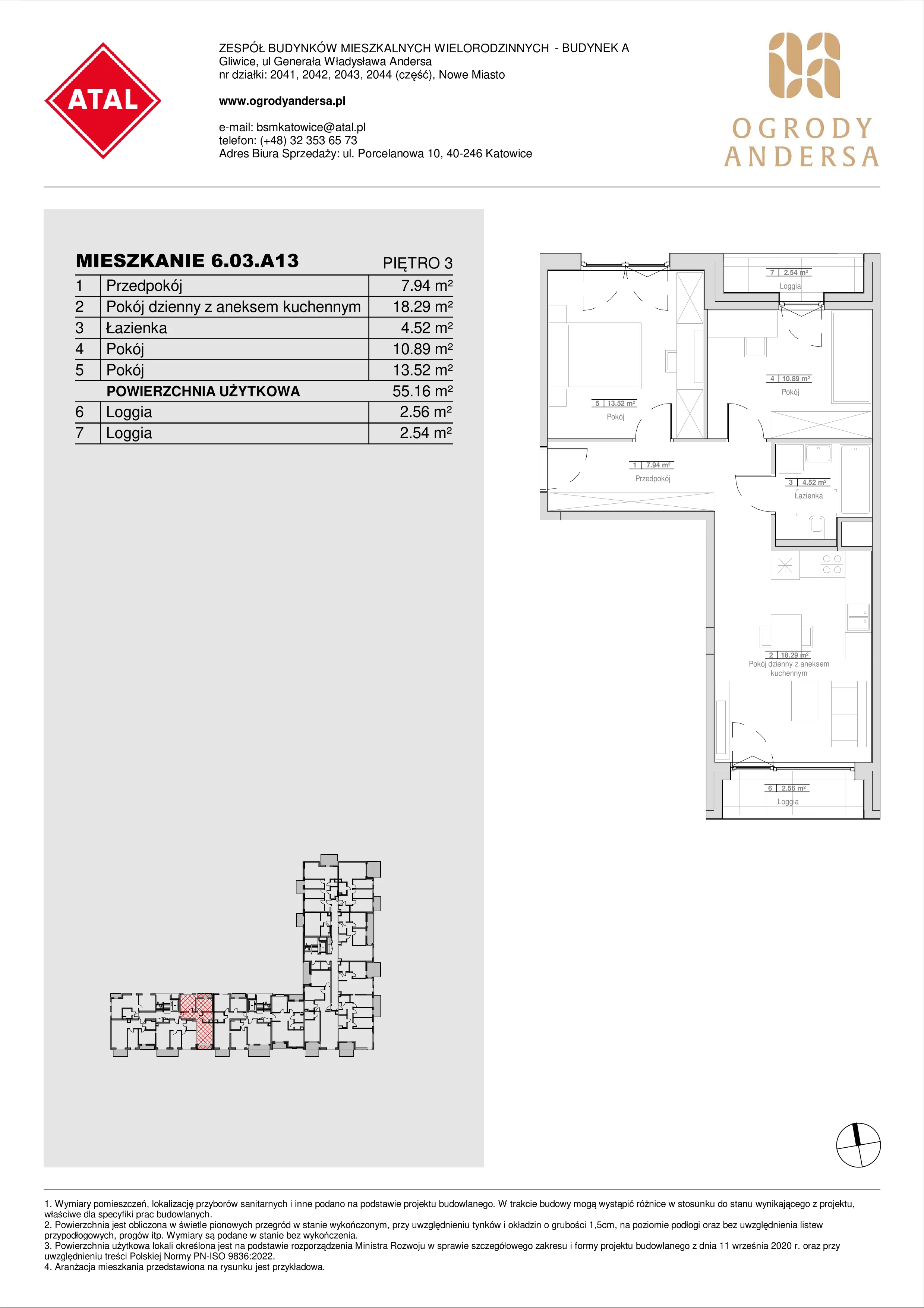 Mieszkanie 55,16 m², piętro 3, oferta nr 6.03.A13, Ogrody Andersa II, Gliwice, Wojska Polskiego, ul. Generała Władysława Andersa