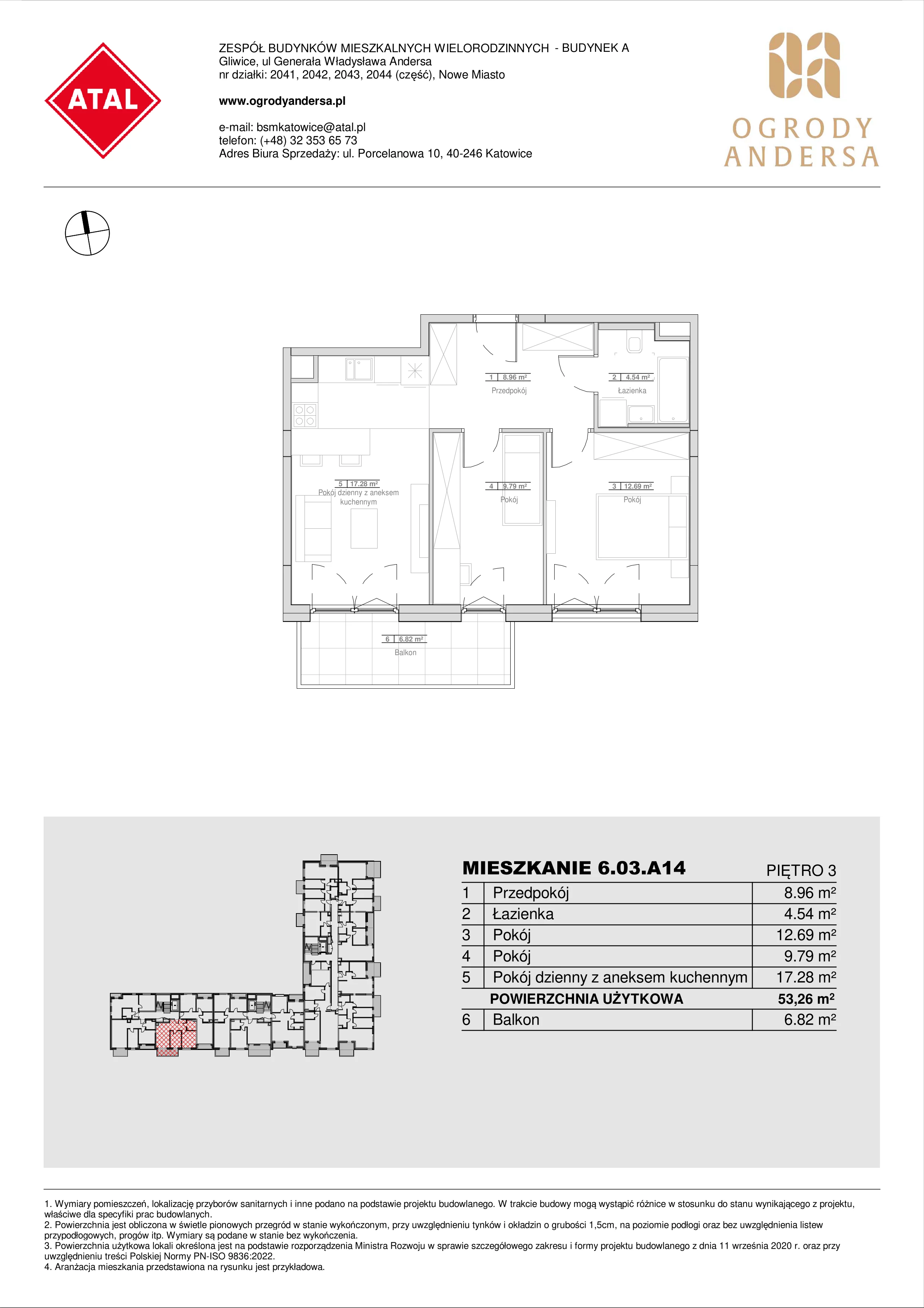 Mieszkanie 53,26 m², piętro 3, oferta nr 6.03.A14, Ogrody Andersa II, Gliwice, Wojska Polskiego, ul. Generała Władysława Andersa