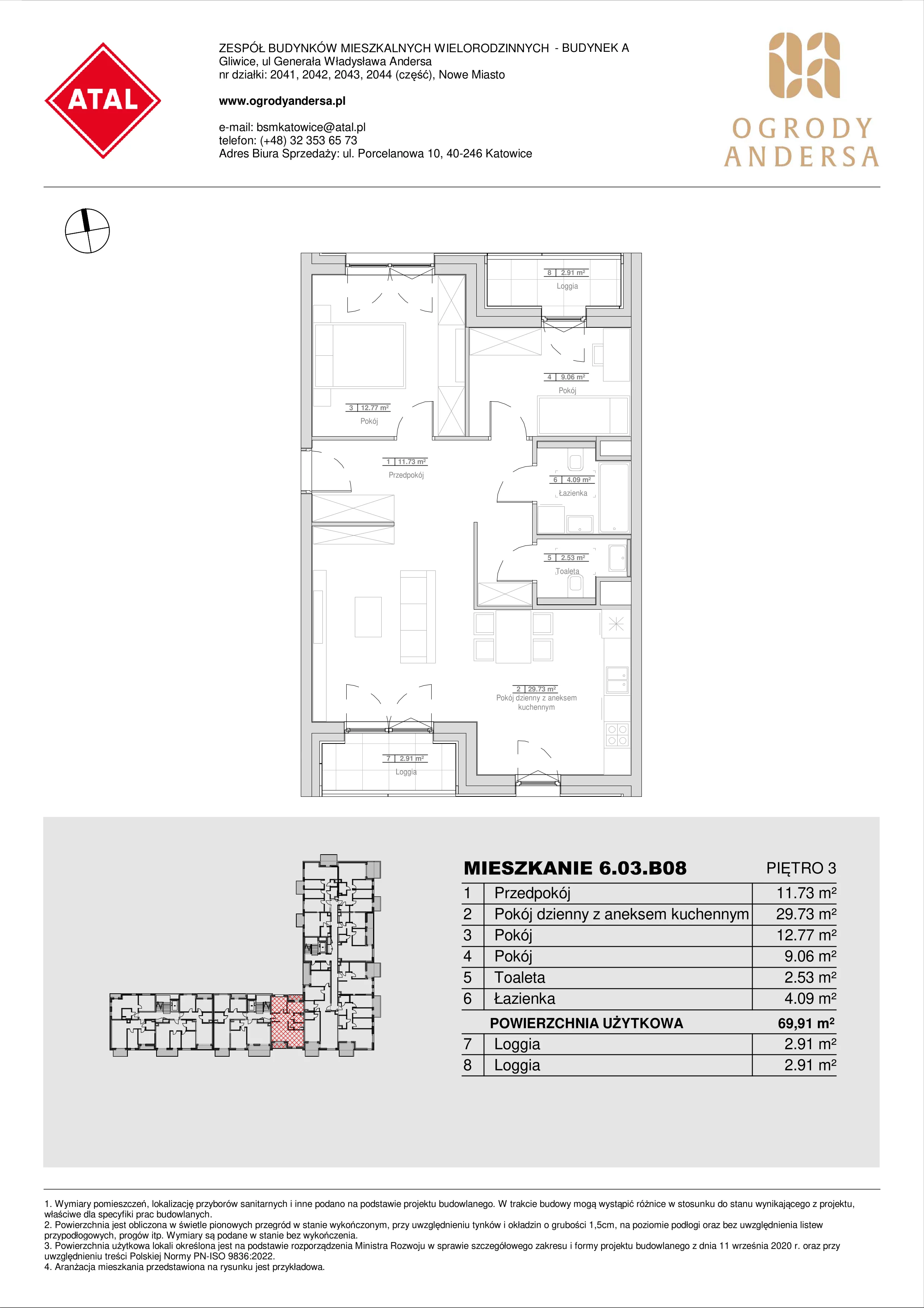 Mieszkanie 69,91 m², piętro 3, oferta nr 6.03.B08, Ogrody Andersa II, Gliwice, Wojska Polskiego, ul. Generała Władysława Andersa