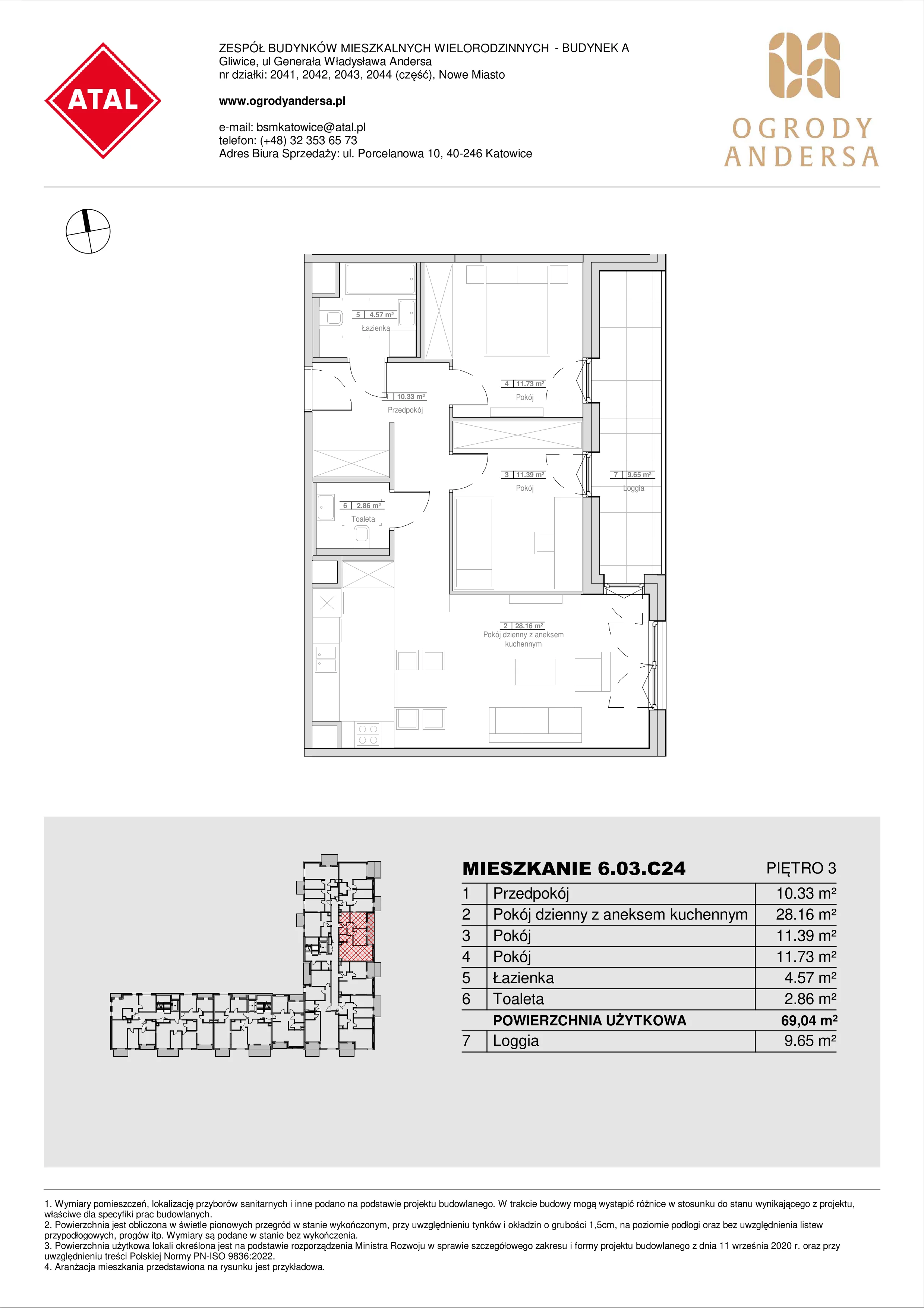 3 pokoje, mieszkanie 69,04 m², piętro 3, oferta nr 6.03.C24, Ogrody Andersa II, Gliwice, Wojska Polskiego, ul. Generała Władysława Andersa