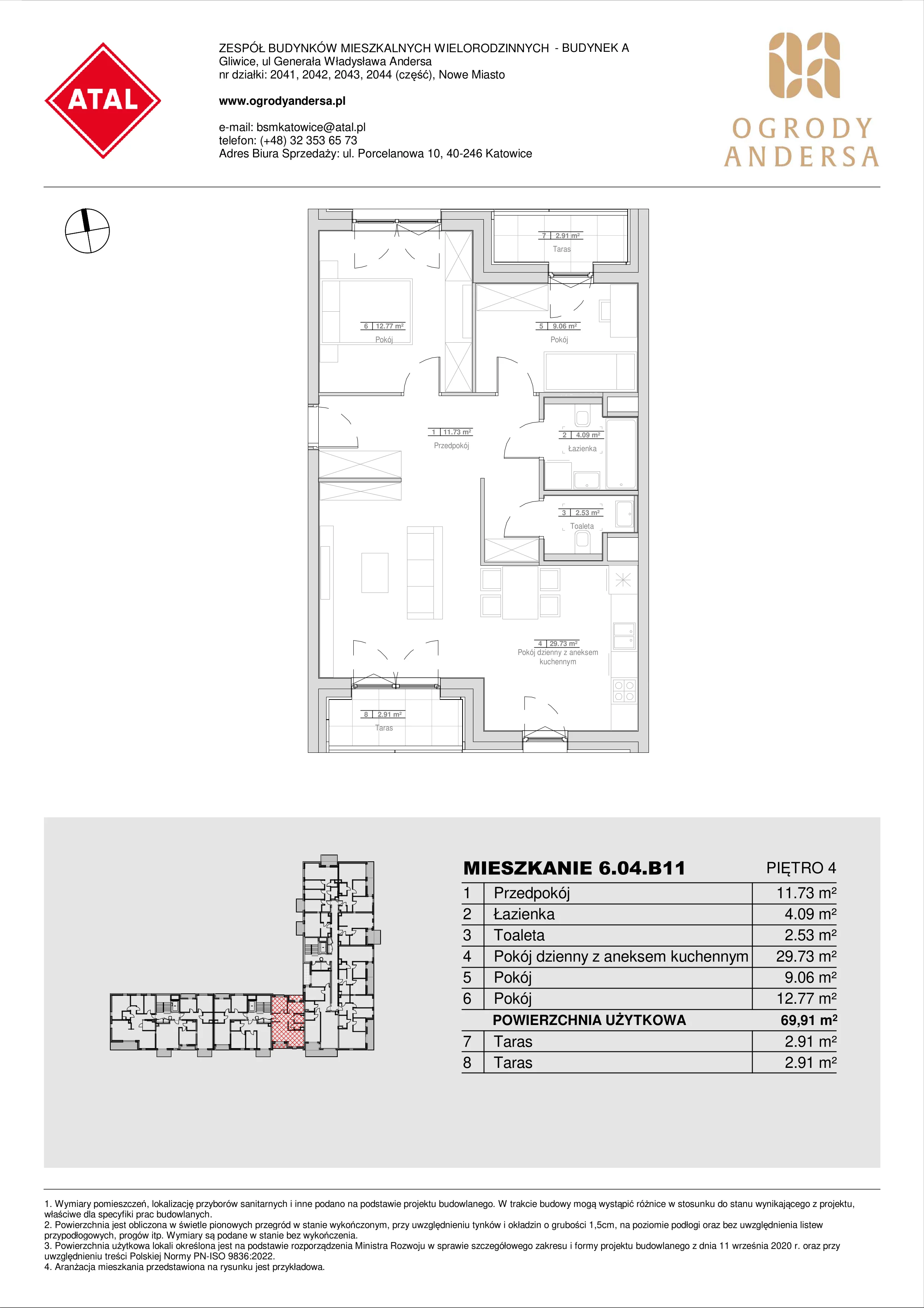 Mieszkanie 69,91 m², piętro 4, oferta nr 6.04.B11, Ogrody Andersa II, Gliwice, Wojska Polskiego, ul. Generała Władysława Andersa