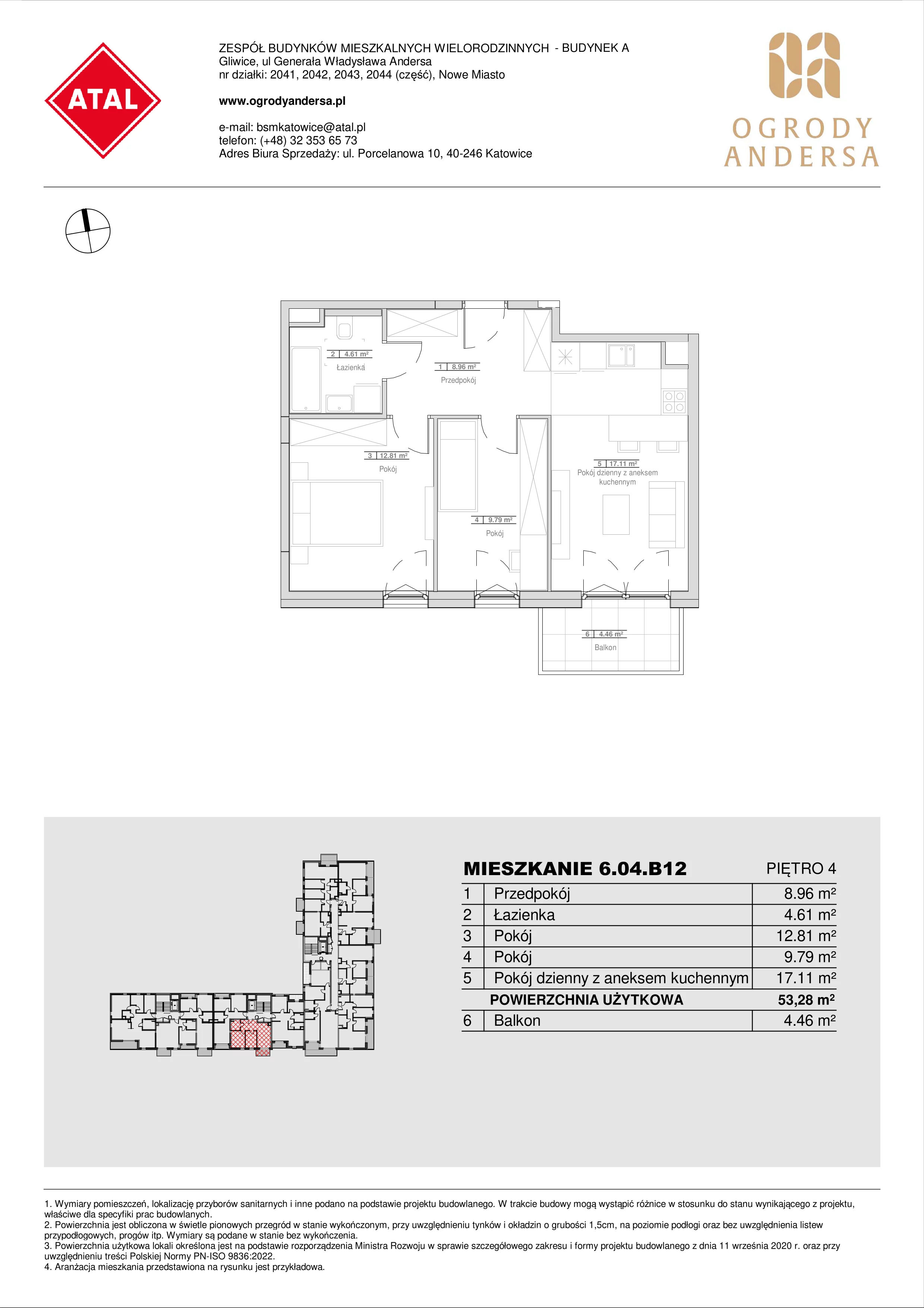 Mieszkanie 53,28 m², piętro 4, oferta nr 6.04.B12, Ogrody Andersa II, Gliwice, Wojska Polskiego, ul. Generała Władysława Andersa