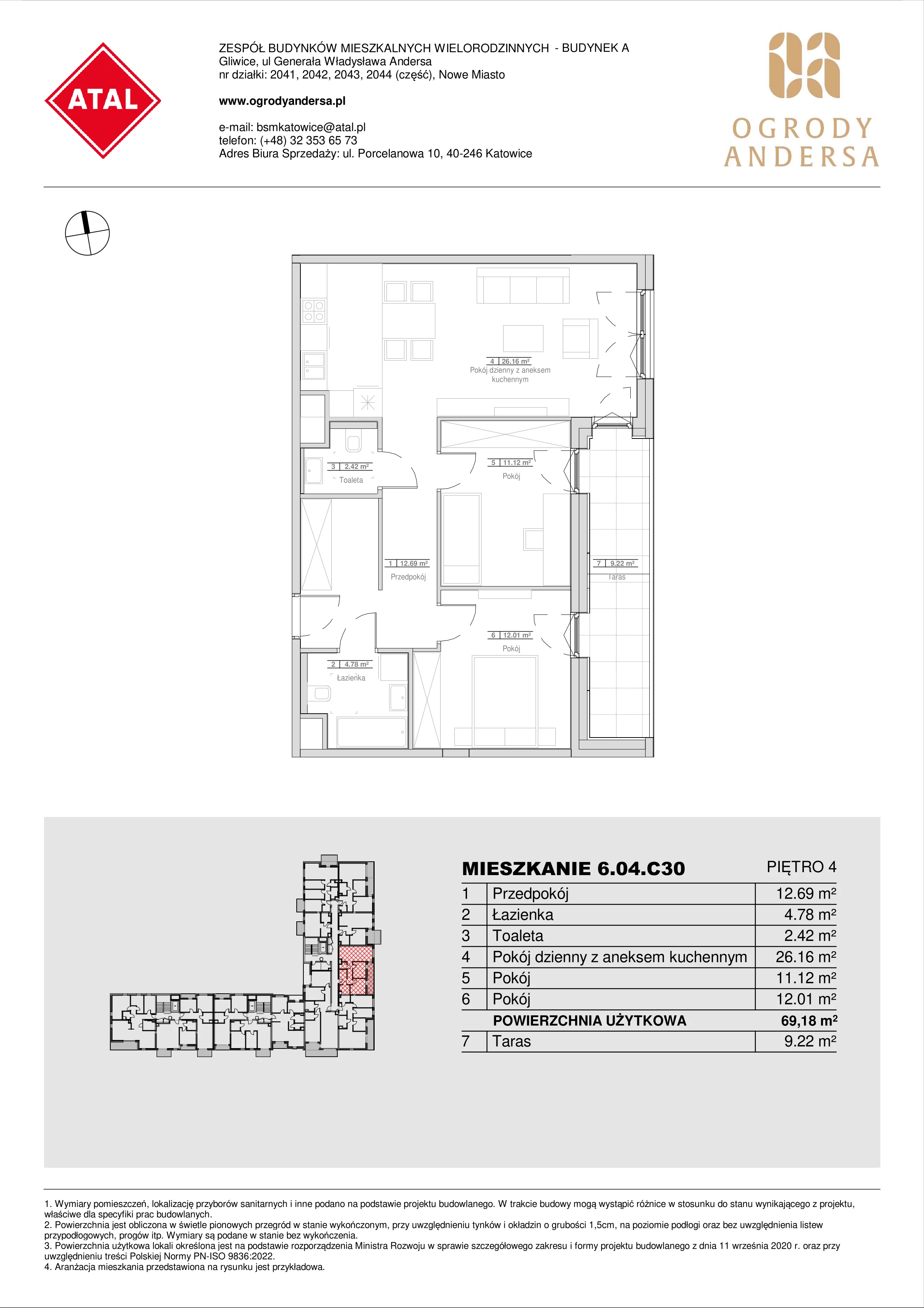 Mieszkanie 69,18 m², piętro 4, oferta nr 6.04.C30, Ogrody Andersa II, Gliwice, Wojska Polskiego, ul. Generała Władysława Andersa-idx