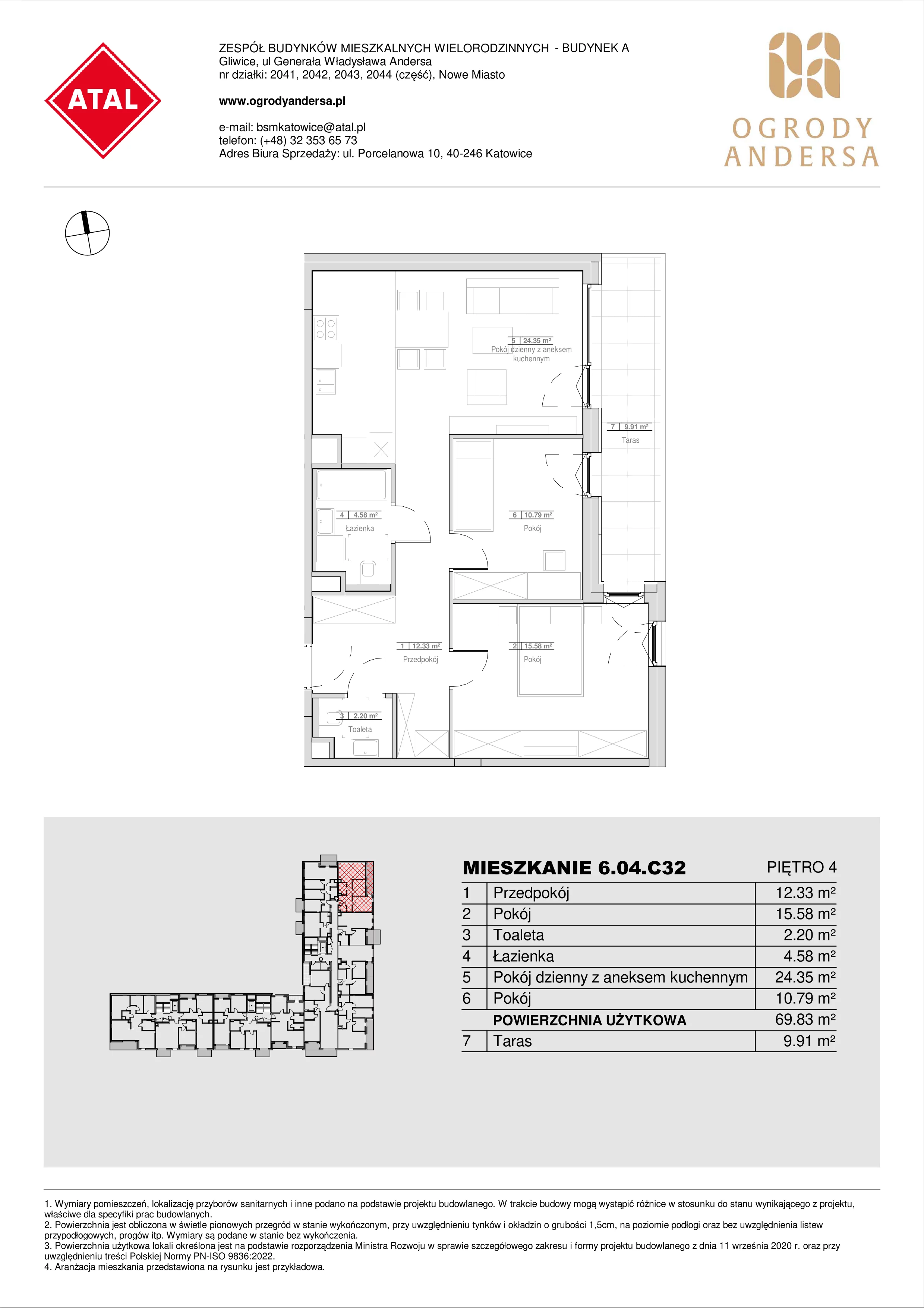 Mieszkanie 69,83 m², piętro 4, oferta nr 6.04.C32, Ogrody Andersa II, Gliwice, Wojska Polskiego, ul. Generała Władysława Andersa