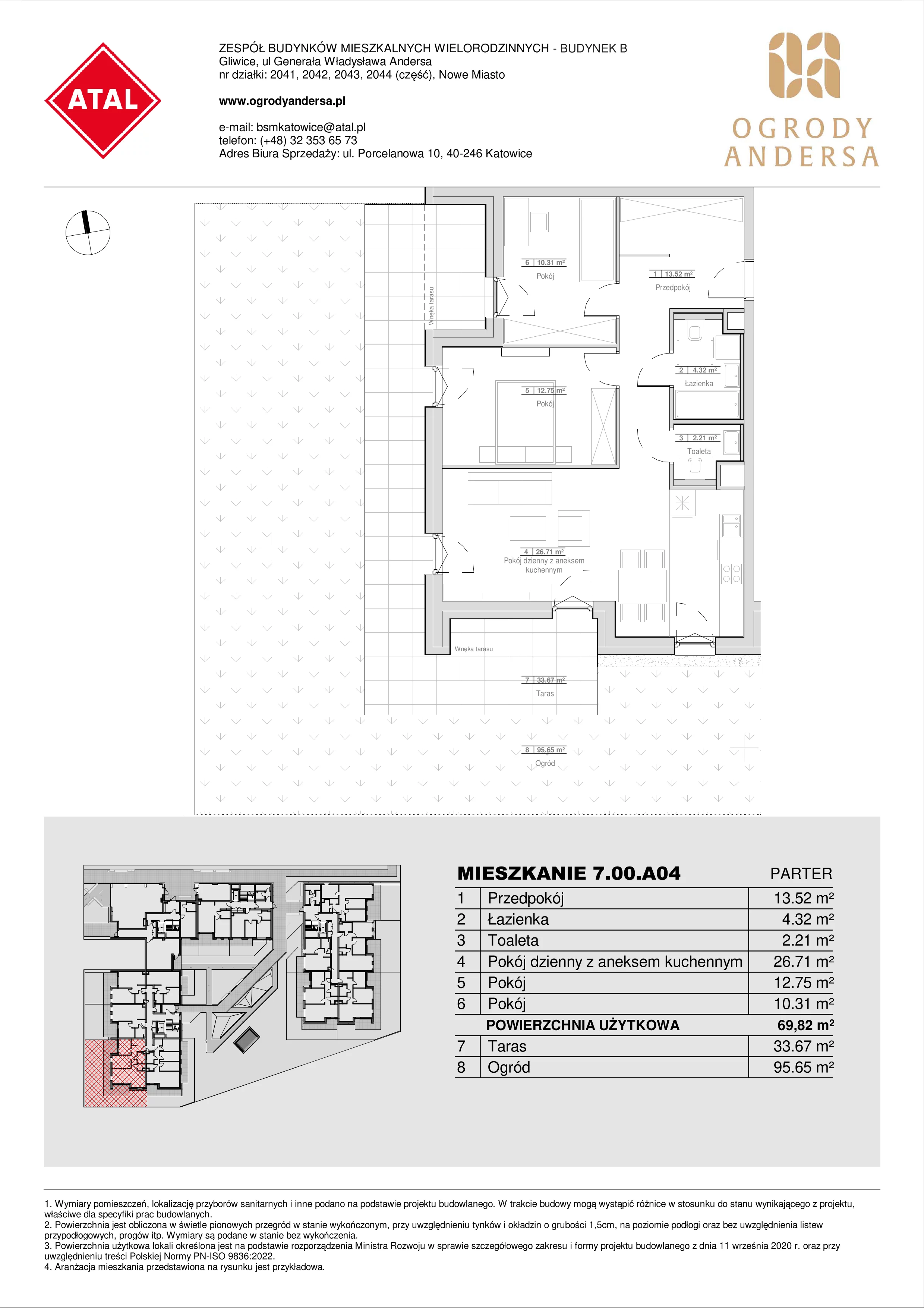 Mieszkanie 69,82 m², parter, oferta nr 7.00.A04, Ogrody Andersa II, Gliwice, Wojska Polskiego, ul. Generała Władysława Andersa