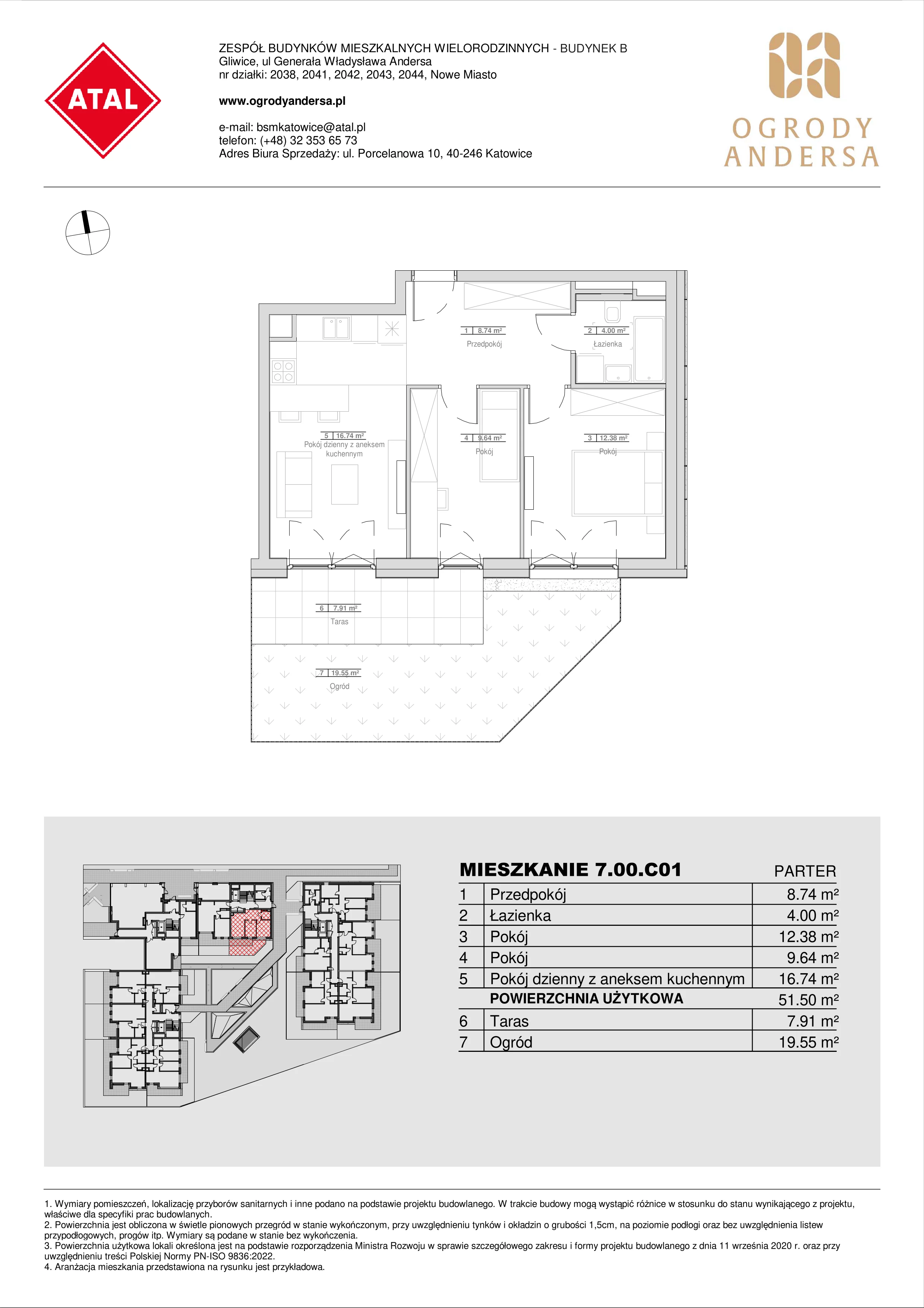 Mieszkanie 51,50 m², parter, oferta nr 7.00.C01, Ogrody Andersa II, Gliwice, Wojska Polskiego, ul. Generała Władysława Andersa