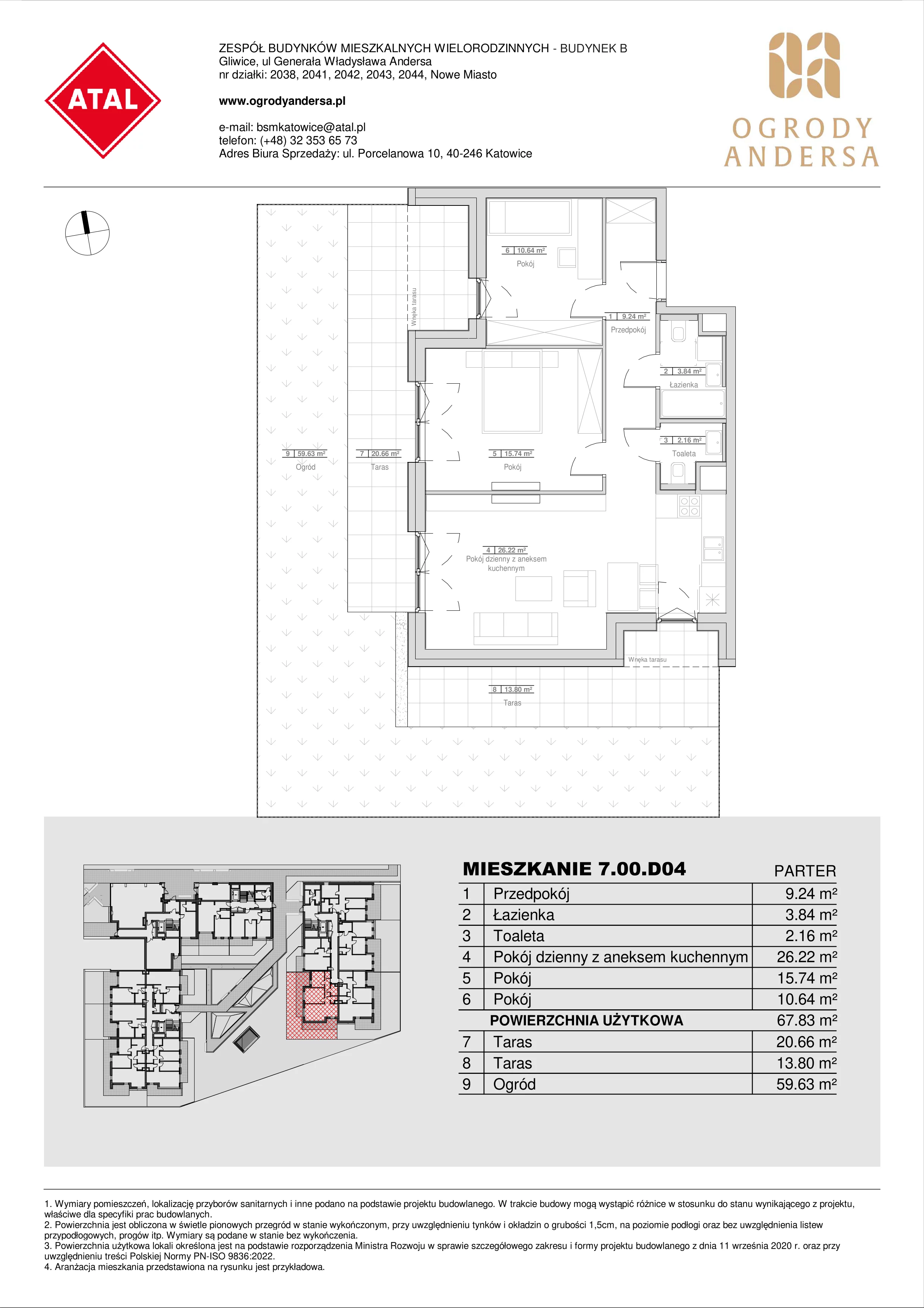 Mieszkanie 67,84 m², parter, oferta nr 7.00.D04, Ogrody Andersa II, Gliwice, Wojska Polskiego, ul. Generała Władysława Andersa