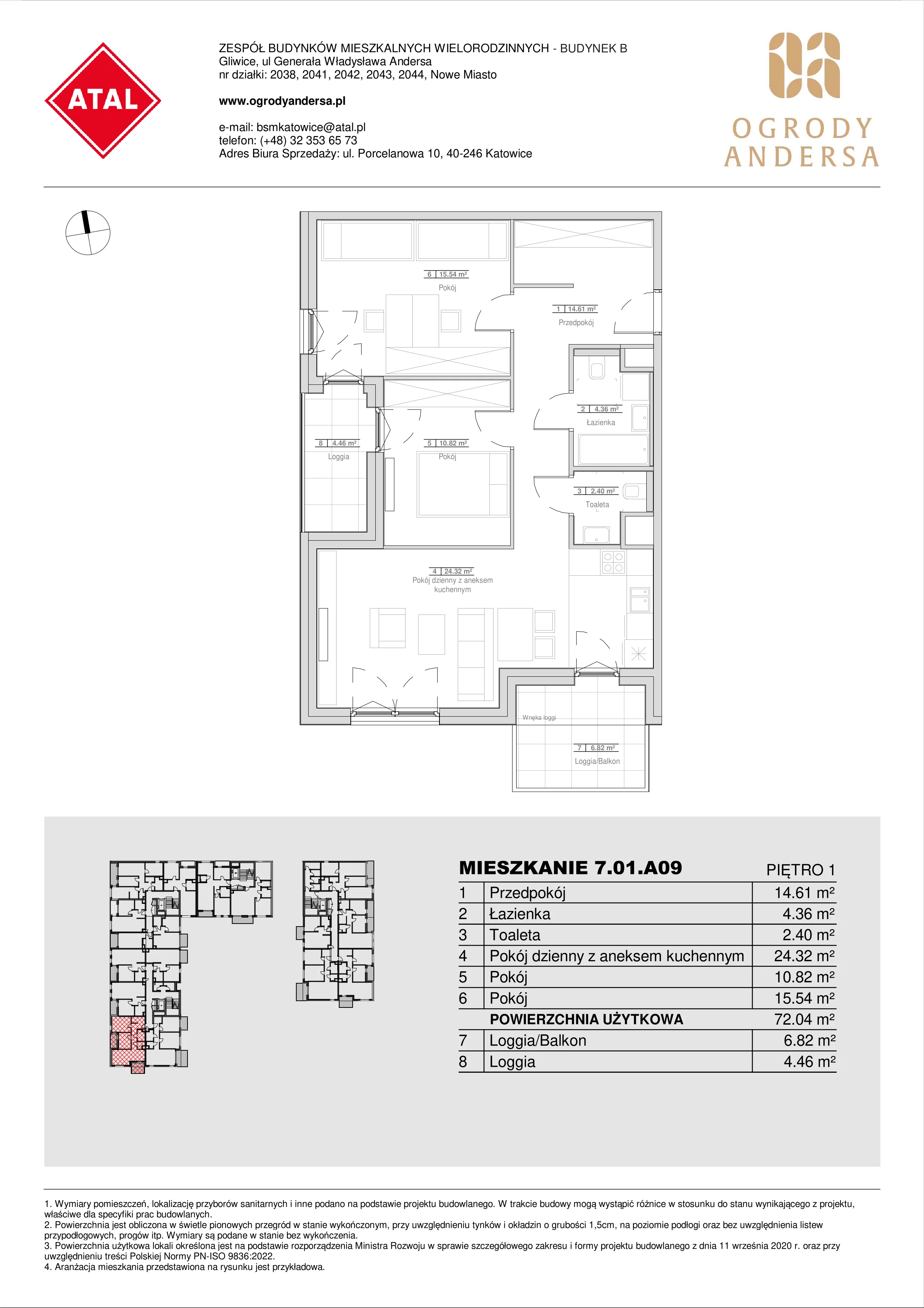 Mieszkanie 72,05 m², piętro 1, oferta nr 7.01.A09, Ogrody Andersa II, Gliwice, Wojska Polskiego, ul. Generała Władysława Andersa