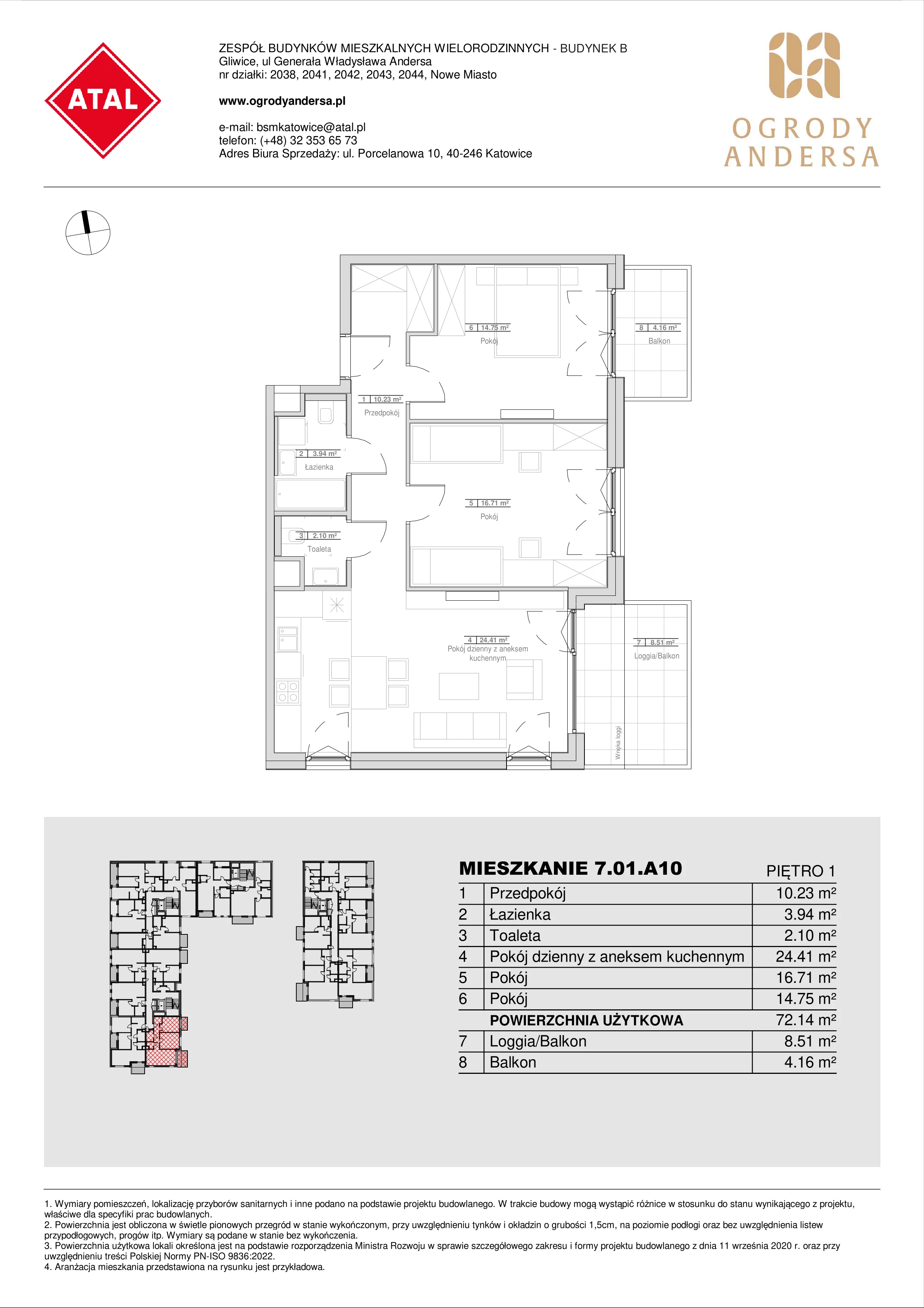 Mieszkanie 72,14 m², piętro 1, oferta nr 7.01.A10, Ogrody Andersa II, Gliwice, Wojska Polskiego, ul. Generała Władysława Andersa