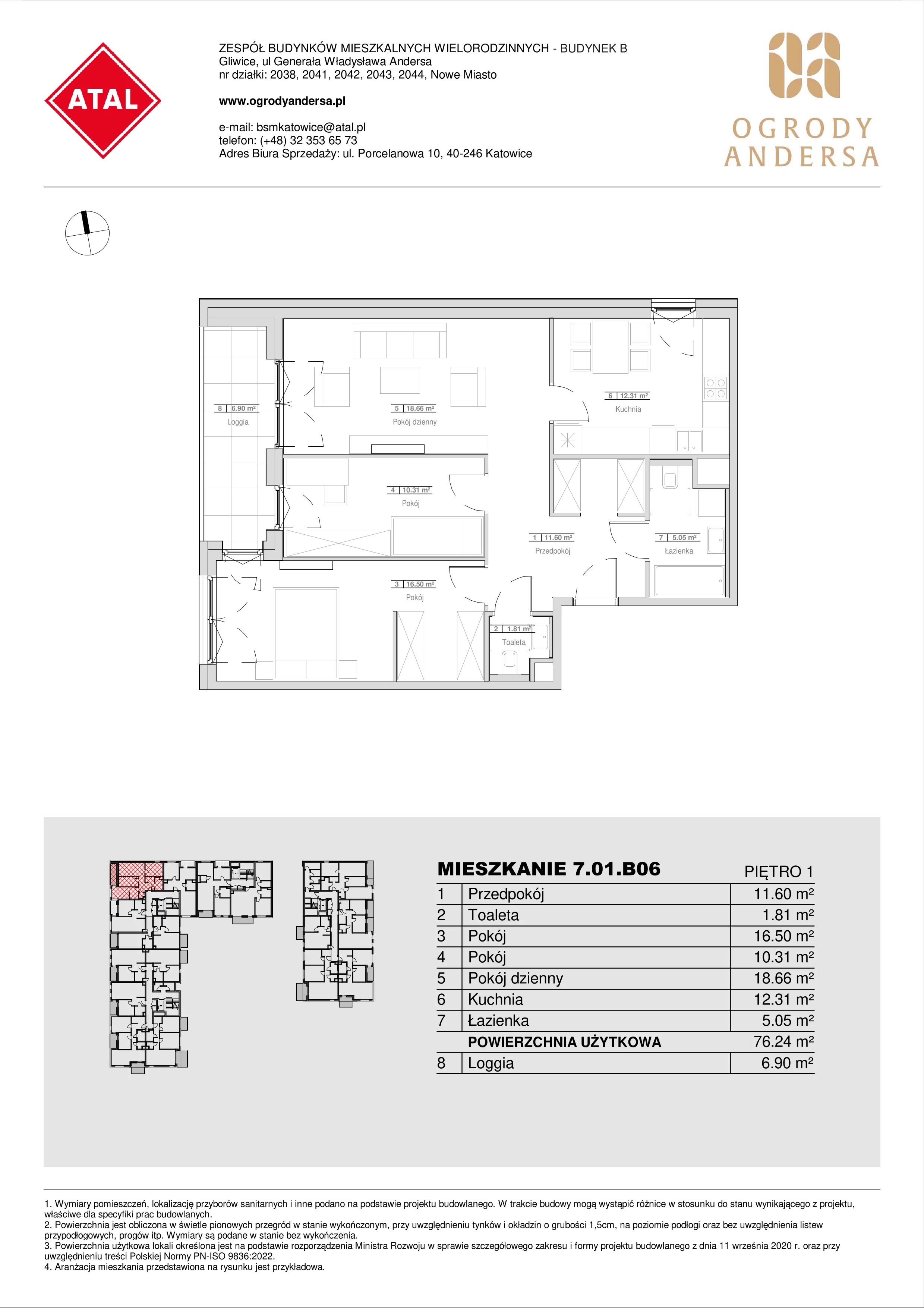 Mieszkanie 76,24 m², piętro 1, oferta nr 7.01.B06, Ogrody Andersa II, Gliwice, Wojska Polskiego, ul. Generała Władysława Andersa-idx