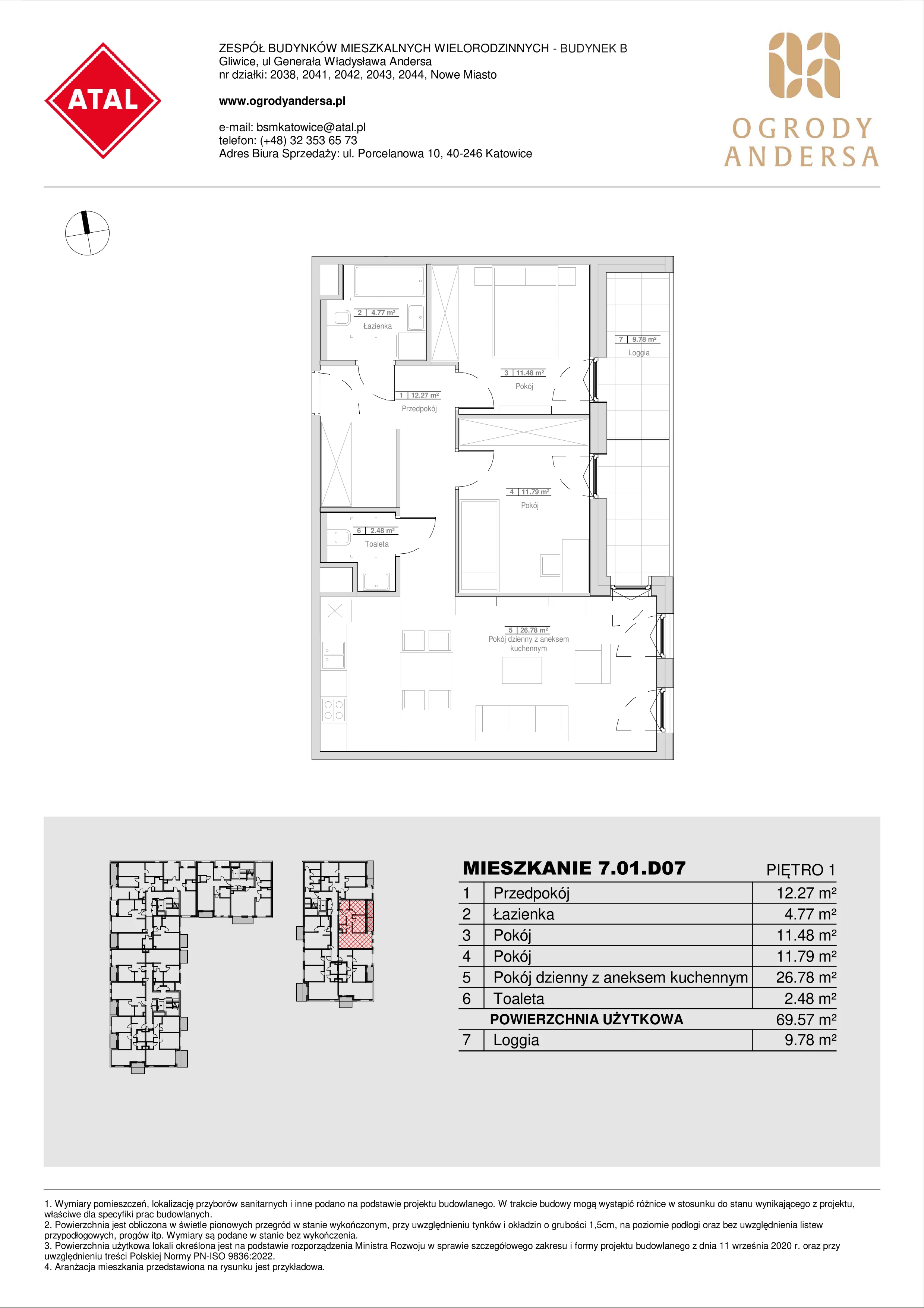 Mieszkanie 69,57 m², piętro 1, oferta nr 7.01.D07, Ogrody Andersa II, Gliwice, Wojska Polskiego, ul. Generała Władysława Andersa