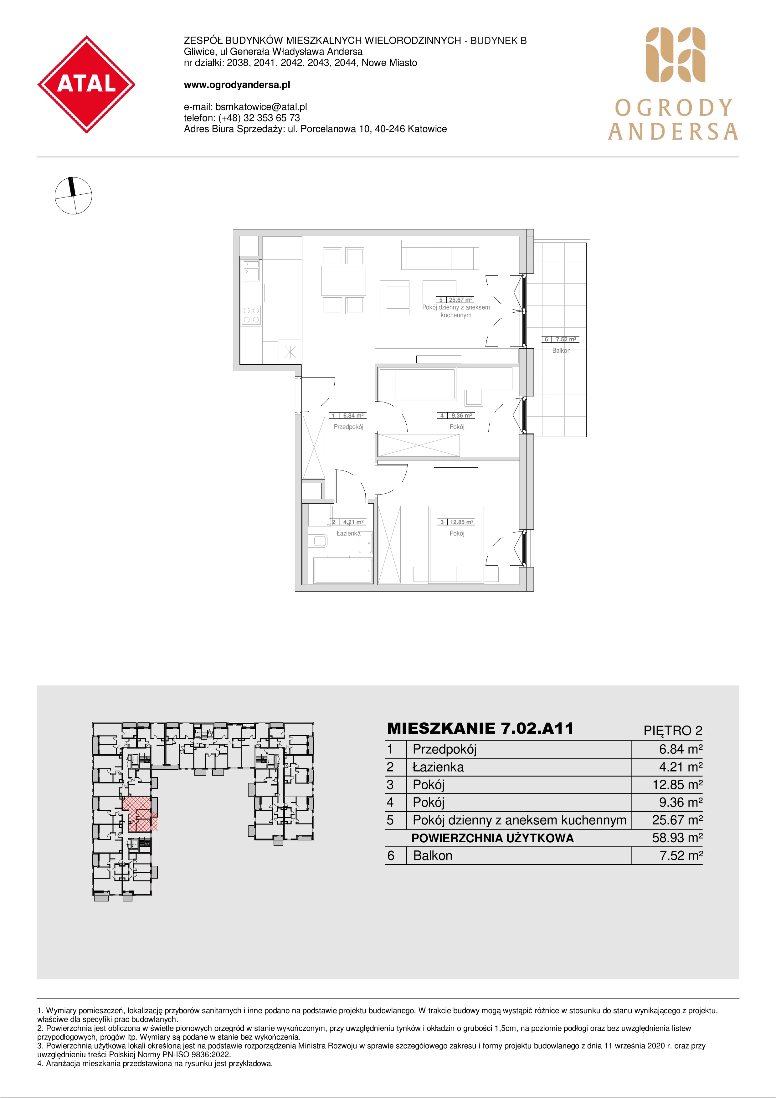 Mieszkanie 58,93 m², piętro 2, oferta nr 7.02.A11, Ogrody Andersa II, Gliwice, Wojska Polskiego, ul. Generała Władysława Andersa