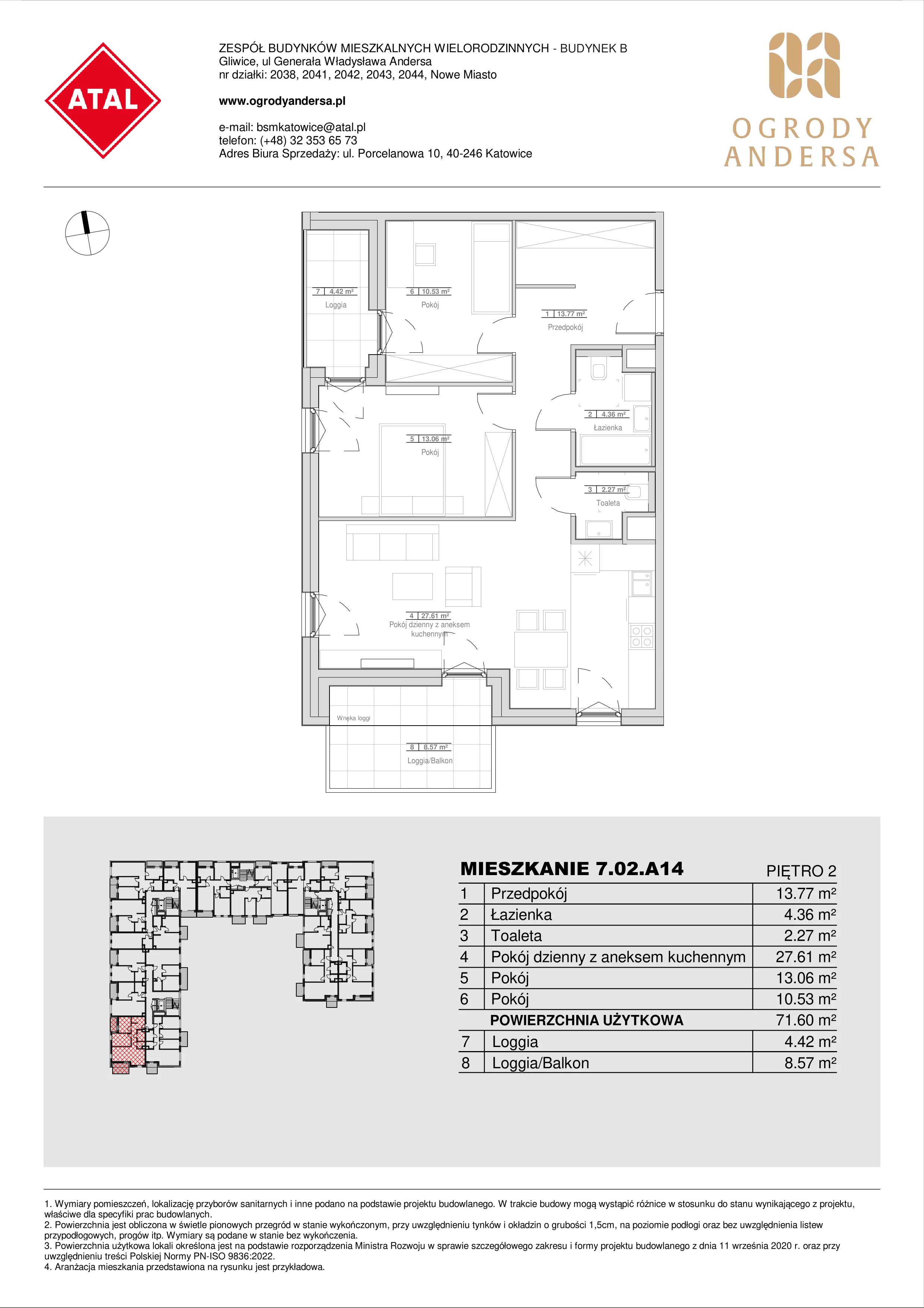 Mieszkanie 71,60 m², piętro 2, oferta nr 7.02.A14, Ogrody Andersa II, Gliwice, Wojska Polskiego, ul. Generała Władysława Andersa