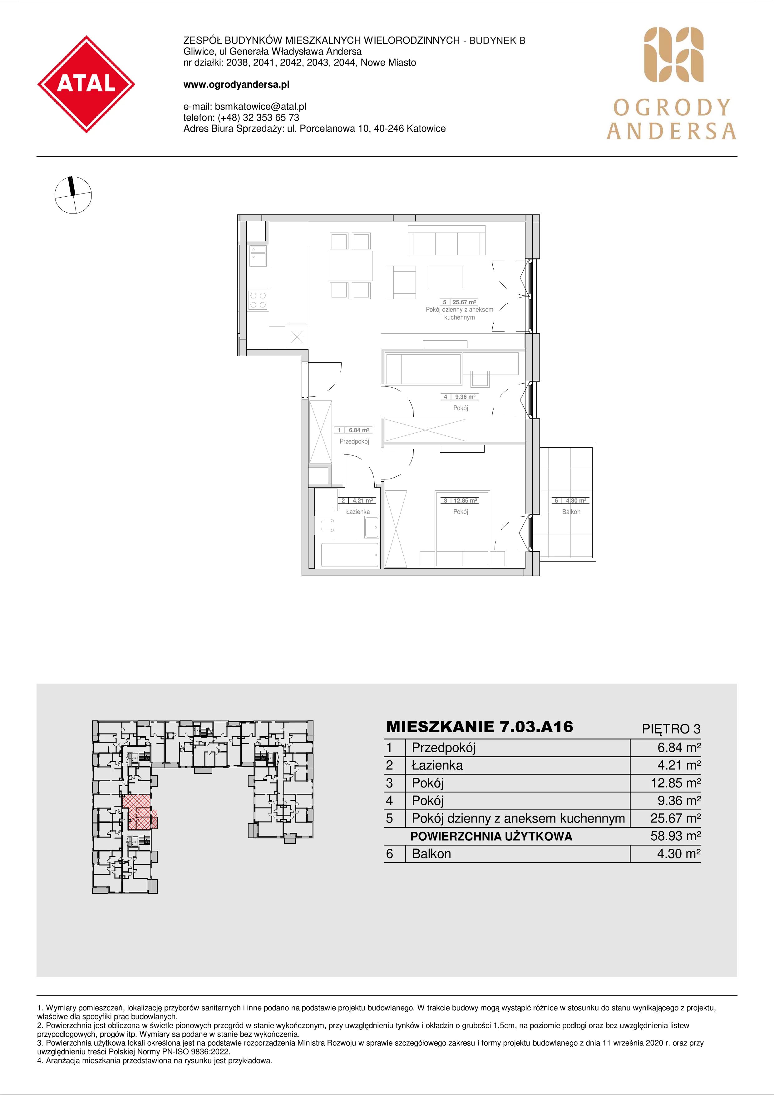 Mieszkanie 58,93 m², piętro 3, oferta nr 7.03.A16, Ogrody Andersa II, Gliwice, Wojska Polskiego, ul. Generała Władysława Andersa