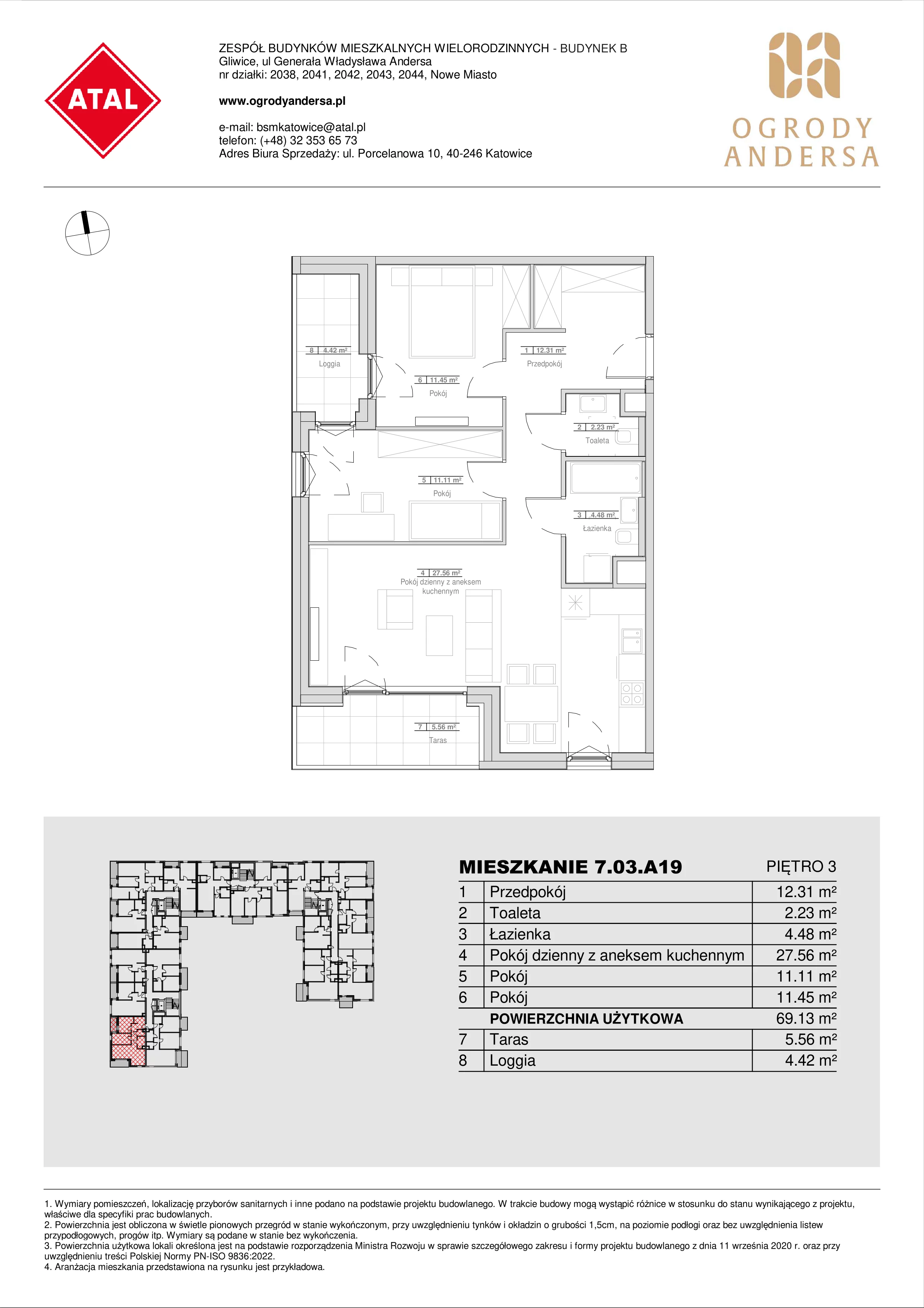 Mieszkanie 69,14 m², piętro 3, oferta nr 7.03.A19, Ogrody Andersa II, Gliwice, Wojska Polskiego, ul. Generała Władysława Andersa