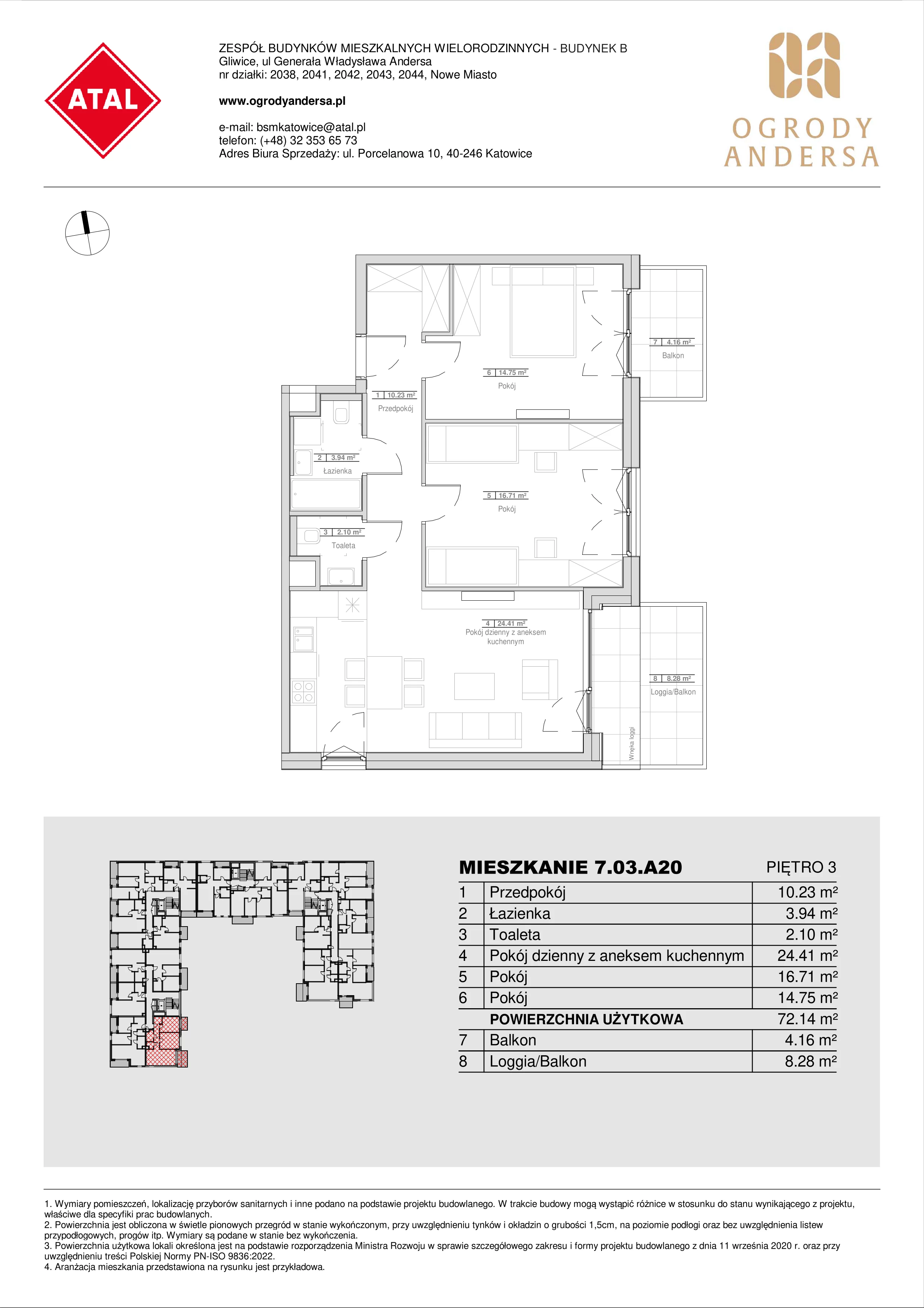 Mieszkanie 72,14 m², piętro 3, oferta nr 7.03.A20, Ogrody Andersa II, Gliwice, Wojska Polskiego, ul. Generała Władysława Andersa