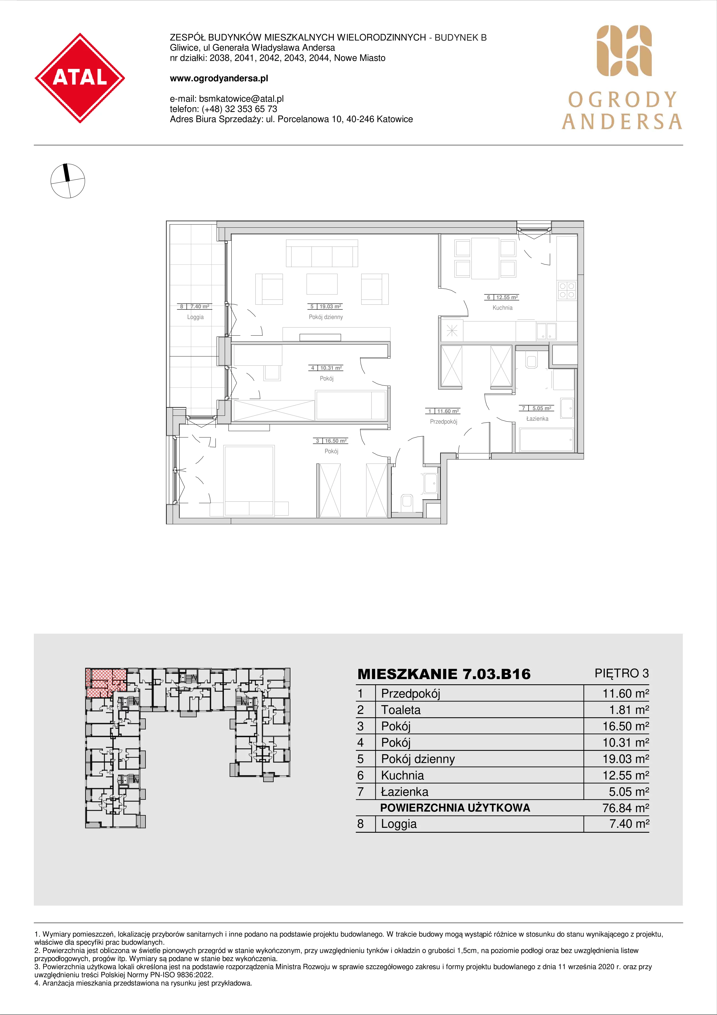 Mieszkanie 76,84 m², piętro 3, oferta nr 7.03.B16, Ogrody Andersa II, Gliwice, Wojska Polskiego, ul. Generała Władysława Andersa