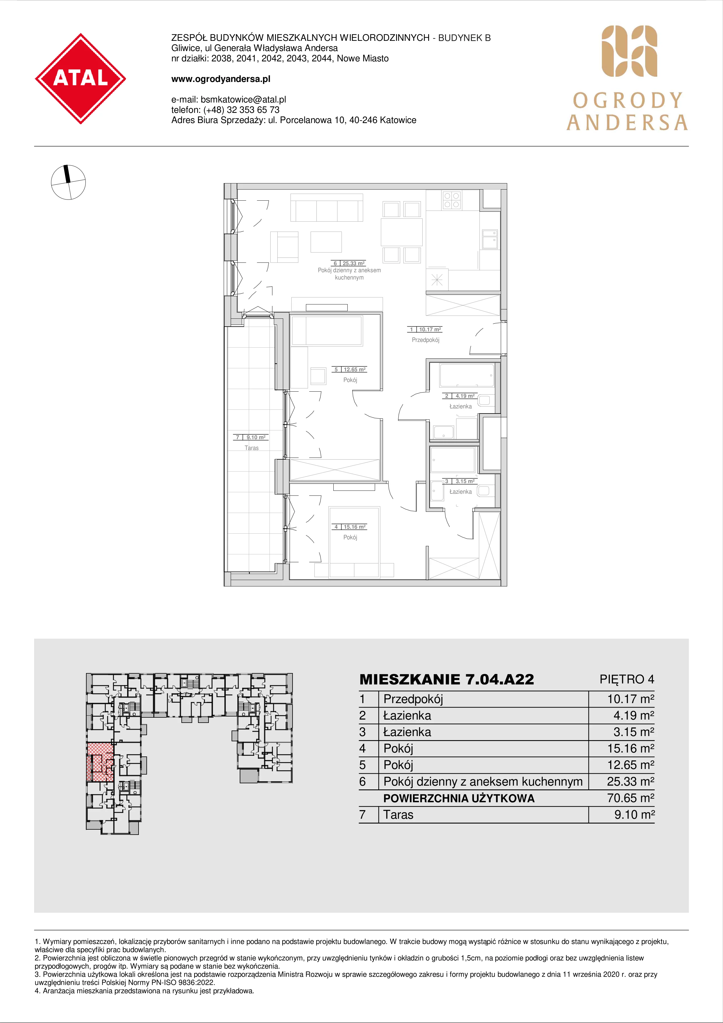 Mieszkanie 70,65 m², piętro 4, oferta nr 7.04.A22, Ogrody Andersa II, Gliwice, Wojska Polskiego, ul. Generała Władysława Andersa