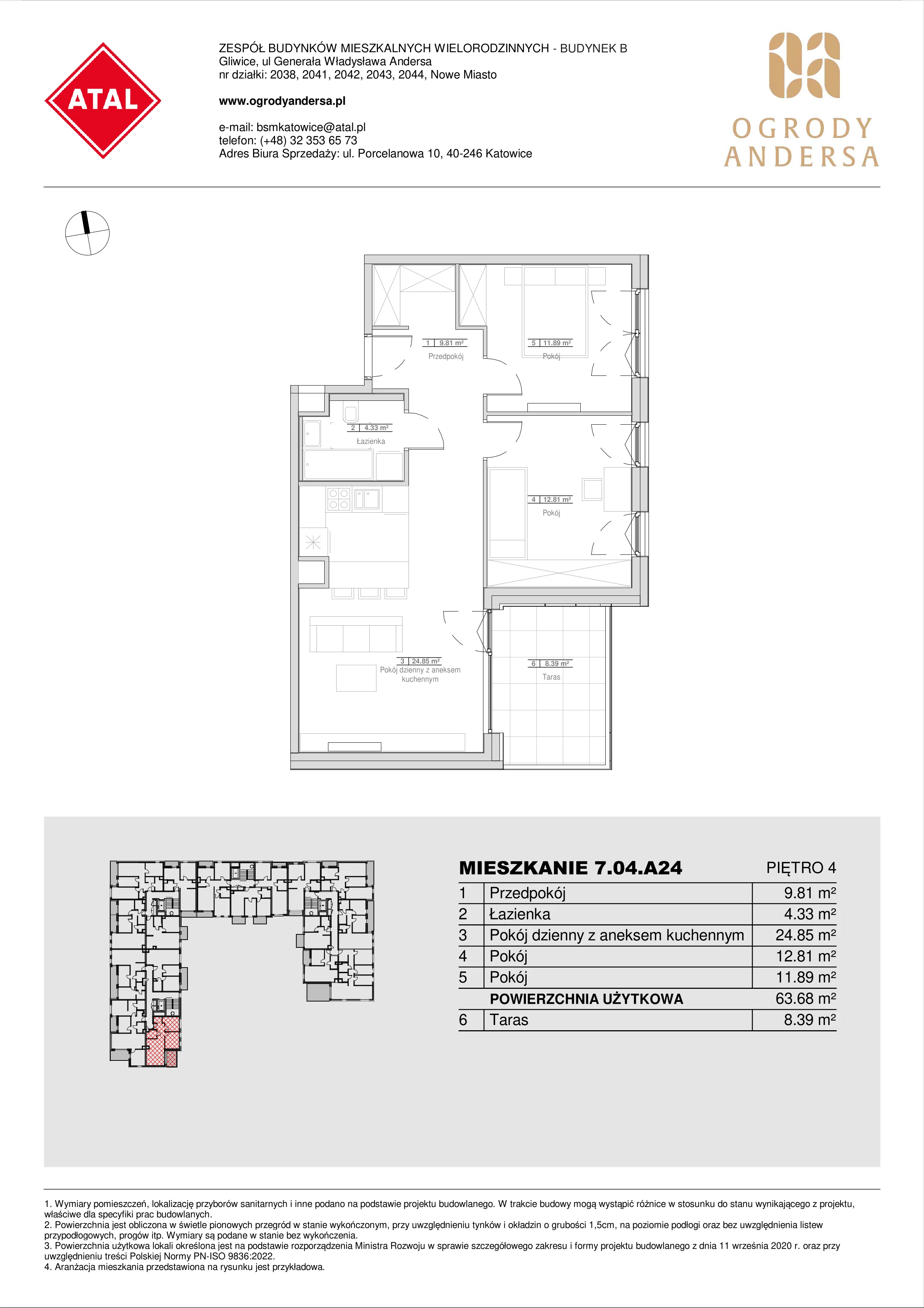 Mieszkanie 63,69 m², piętro 4, oferta nr 7.04.A24, Ogrody Andersa II, Gliwice, Wojska Polskiego, ul. Generała Władysława Andersa