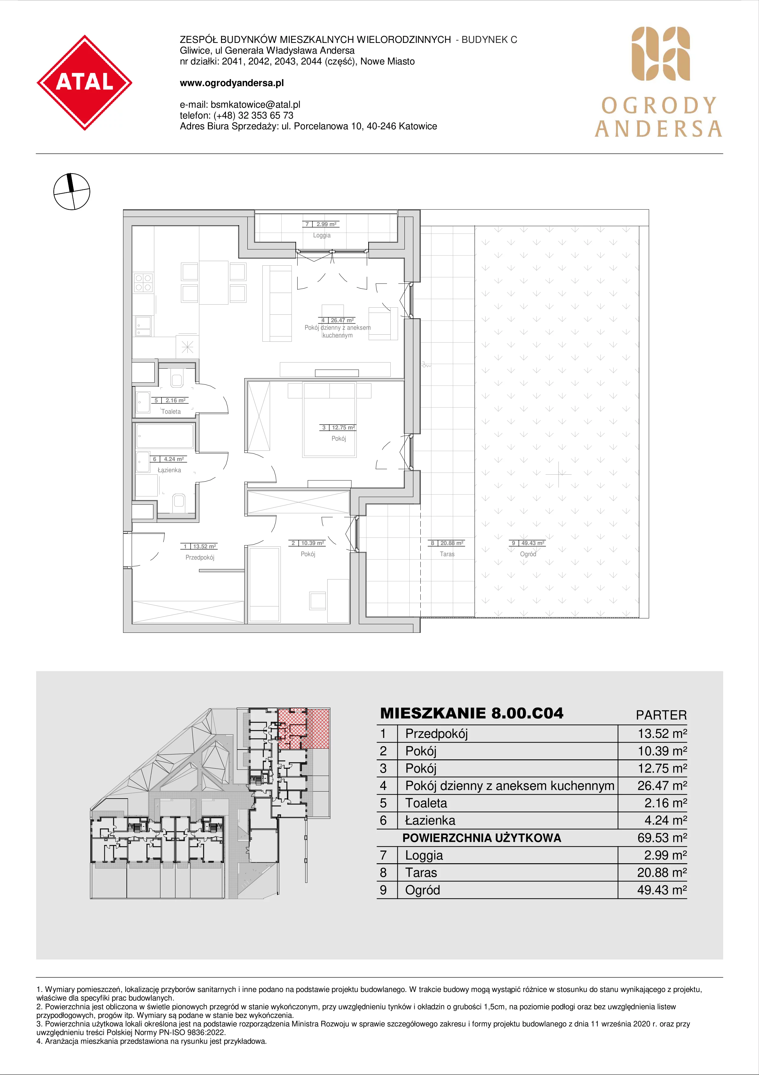 Mieszkanie 69,53 m², parter, oferta nr 8.00.C04, Ogrody Andersa II, Gliwice, Wojska Polskiego, ul. Generała Władysława Andersa