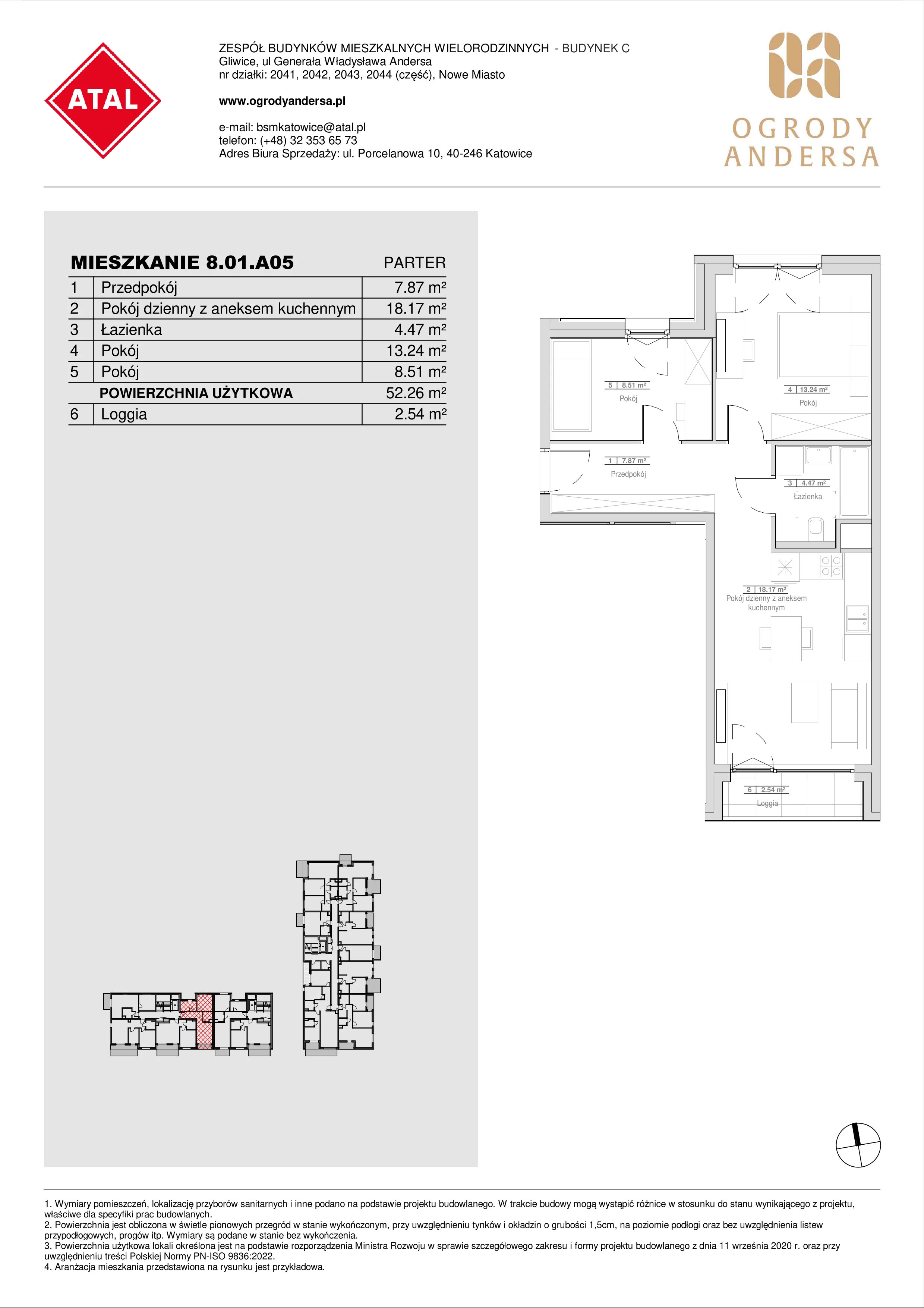 Mieszkanie 52,26 m², piętro 1, oferta nr 8.01.A05, Ogrody Andersa II, Gliwice, Wojska Polskiego, ul. Generała Władysława Andersa