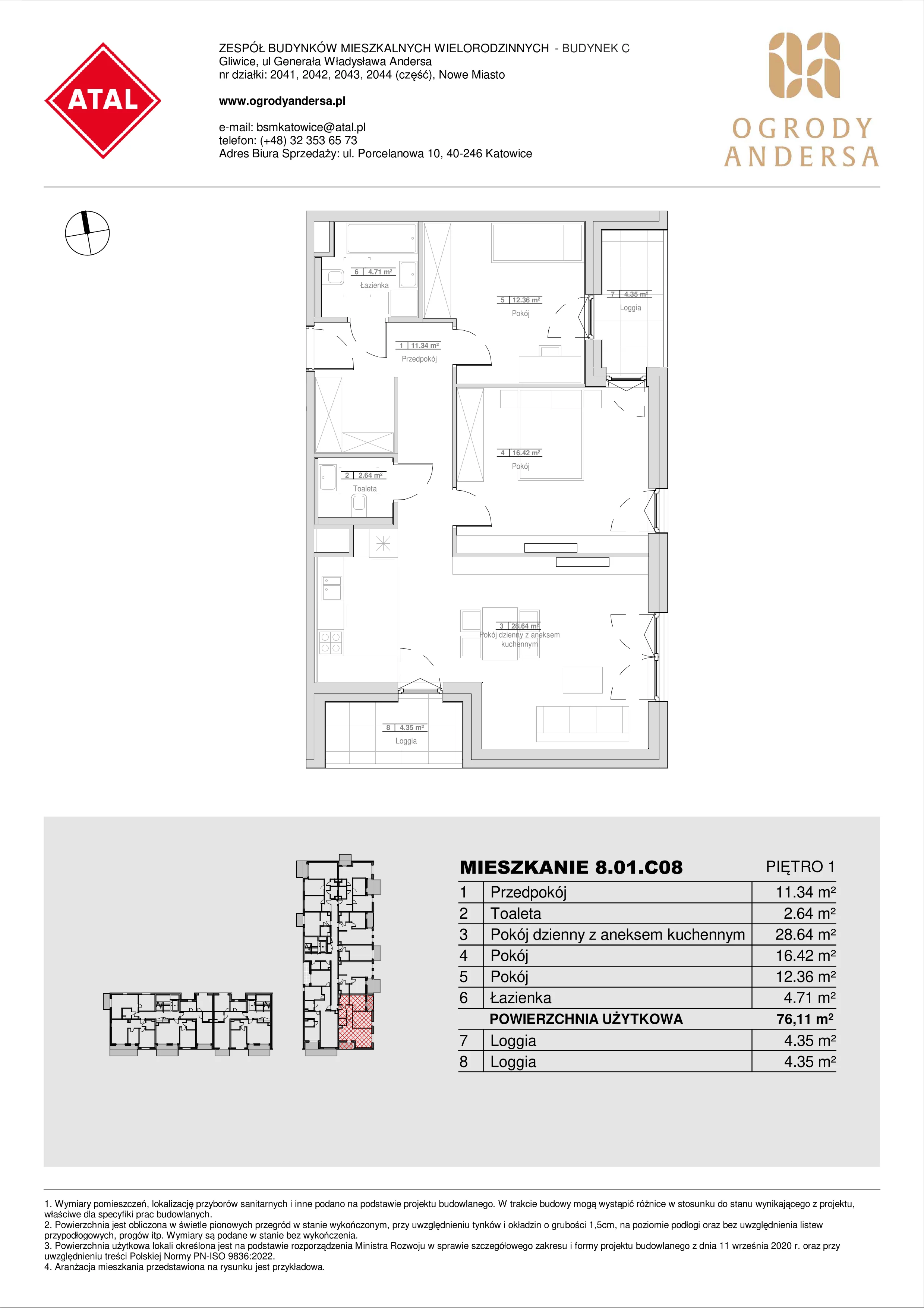 Mieszkanie 76,11 m², piętro 1, oferta nr 8.01.C08, Ogrody Andersa II, Gliwice, Wojska Polskiego, ul. Generała Władysława Andersa