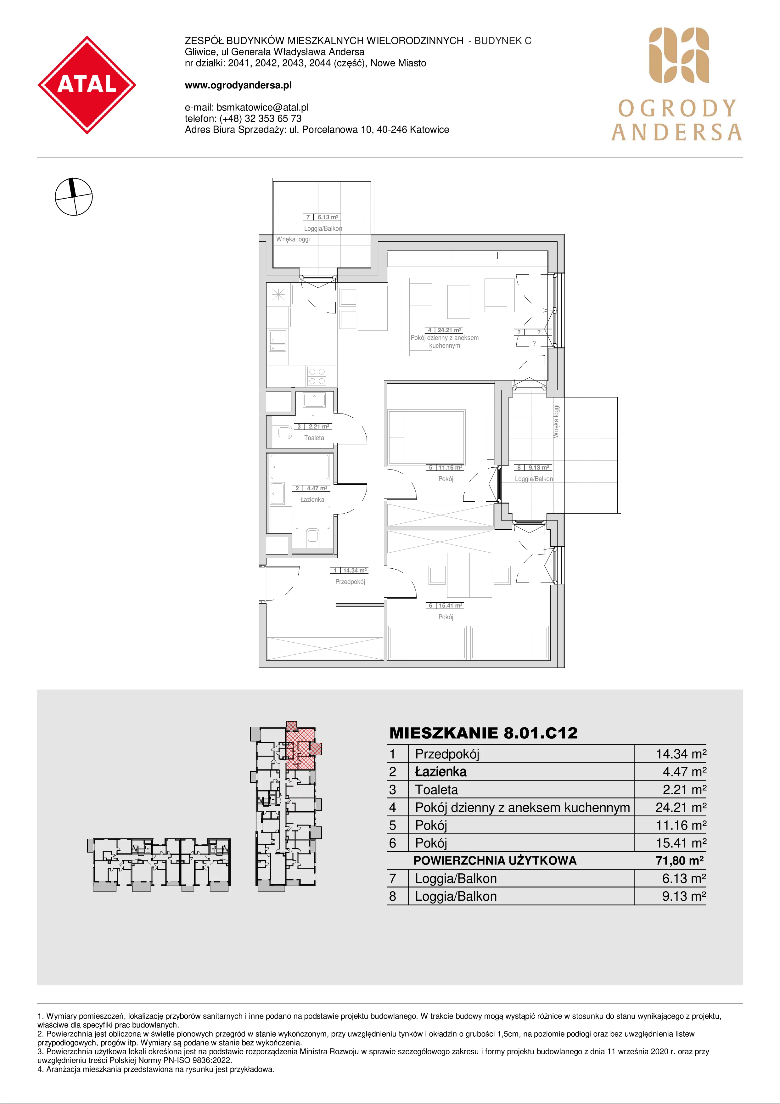 Mieszkanie 71,80 m², piętro 1, oferta nr 8.01.C12, Ogrody Andersa II, Gliwice, Wojska Polskiego, ul. Generała Władysława Andersa