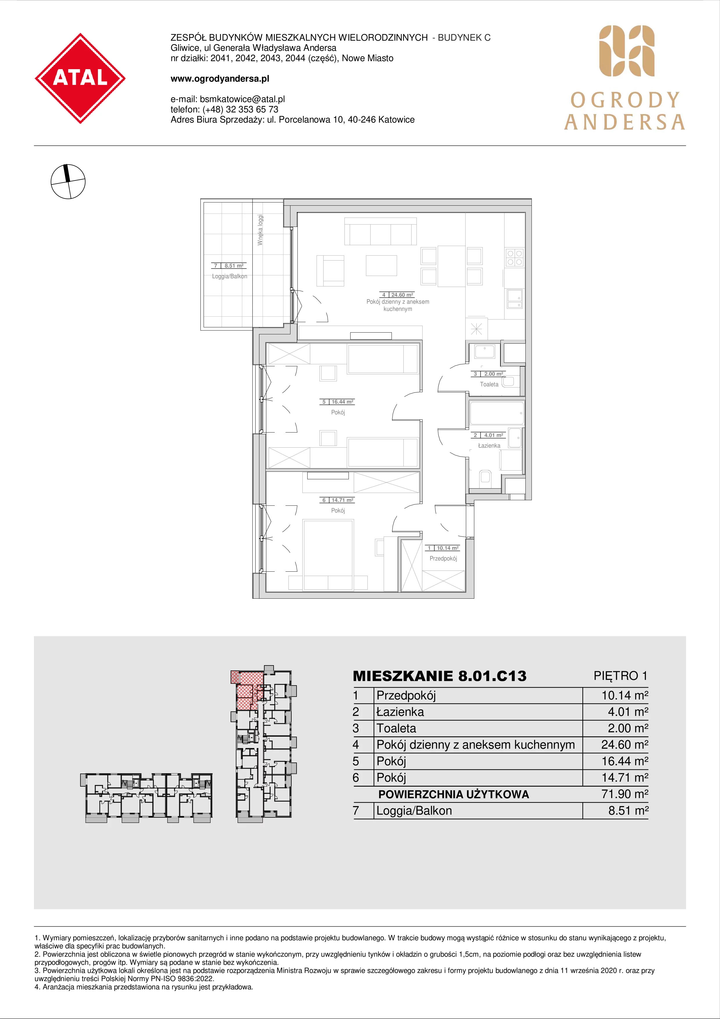 Mieszkanie 71,90 m², piętro 1, oferta nr 8.01.C13, Ogrody Andersa II, Gliwice, Wojska Polskiego, ul. Generała Władysława Andersa