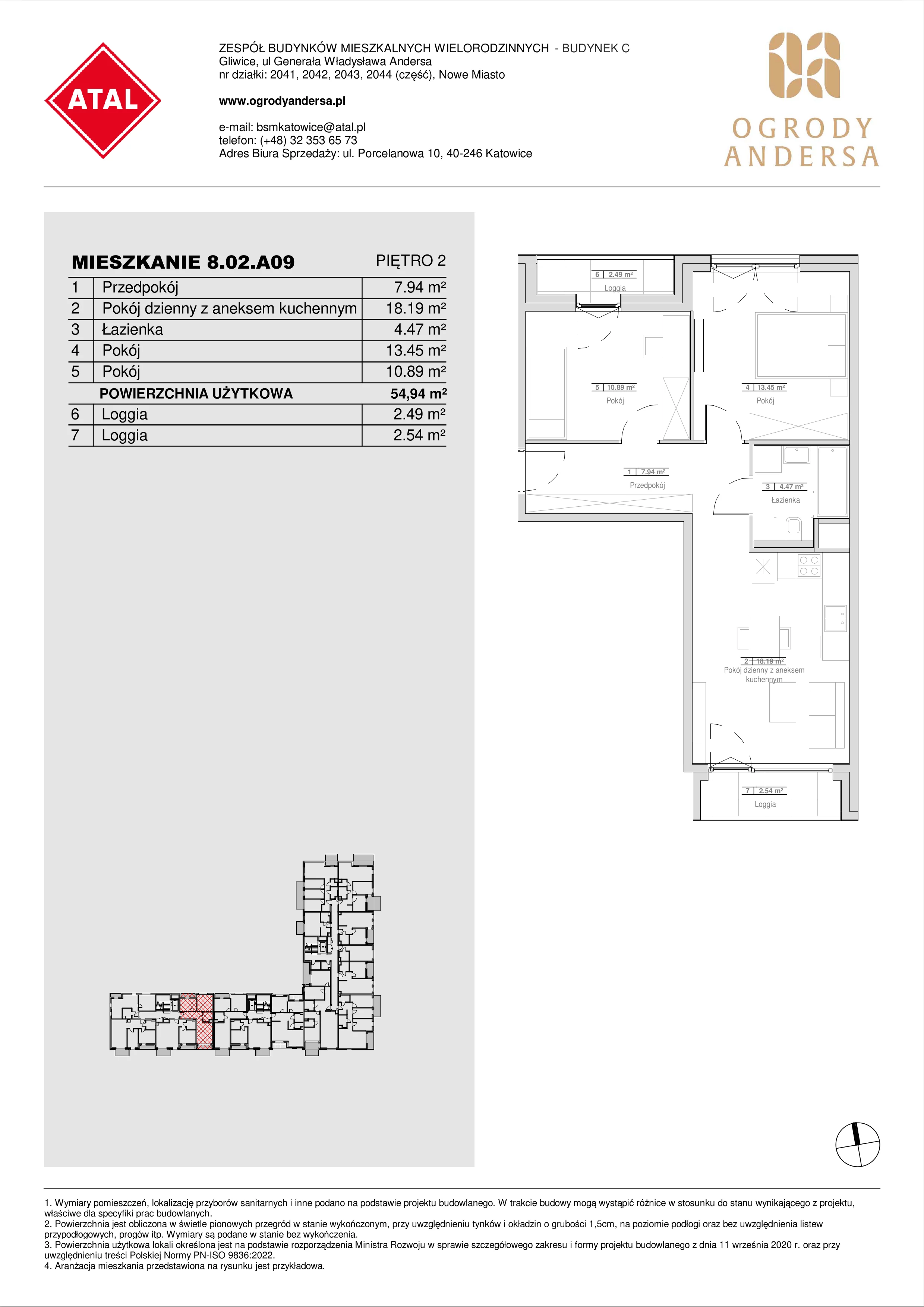 Mieszkanie 54,94 m², piętro 2, oferta nr 8.02.A09, Ogrody Andersa II, Gliwice, Wojska Polskiego, ul. Generała Władysława Andersa