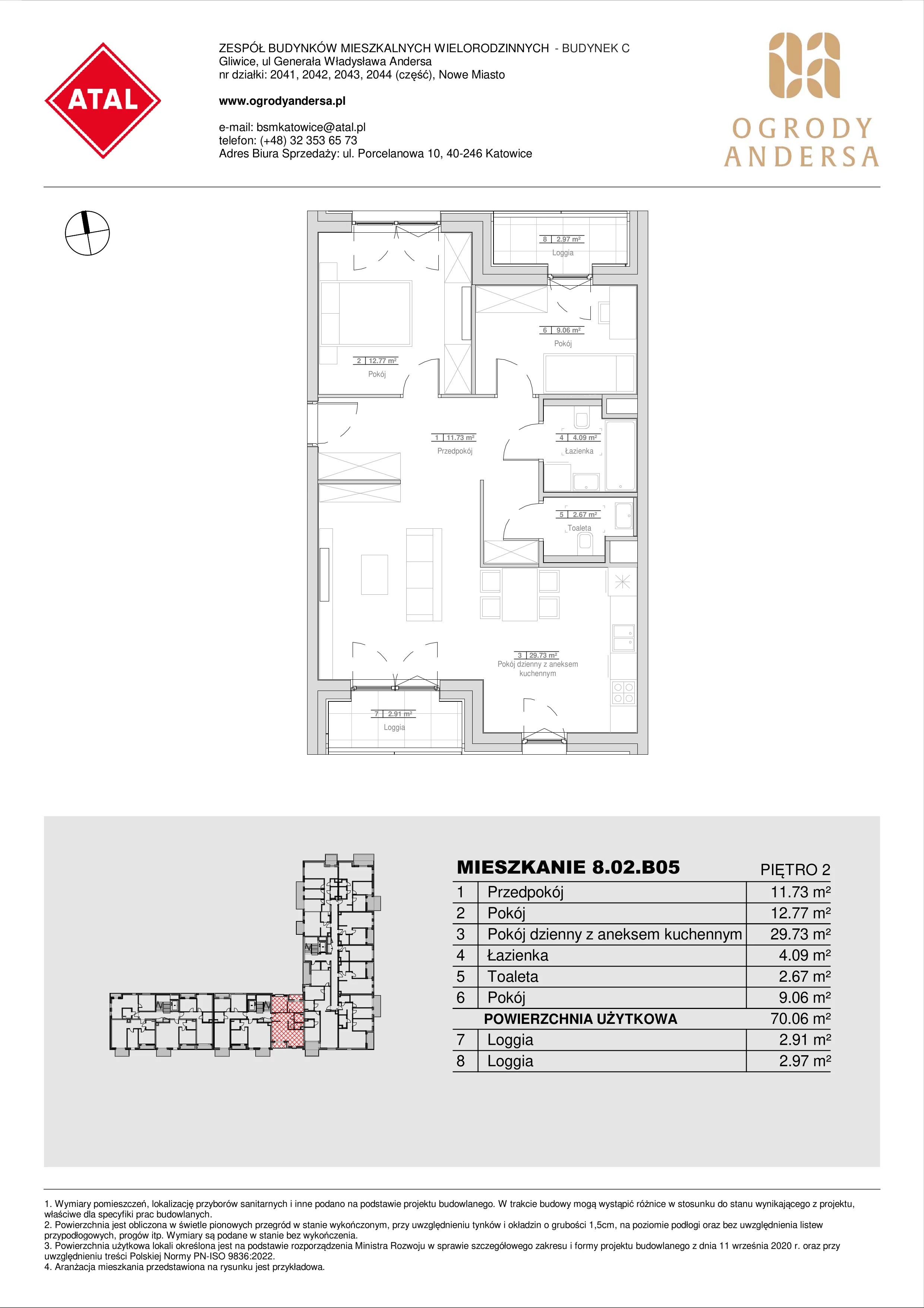 Mieszkanie 70,06 m², piętro 2, oferta nr 8.02.B05, Ogrody Andersa II, Gliwice, Wojska Polskiego, ul. Generała Władysława Andersa