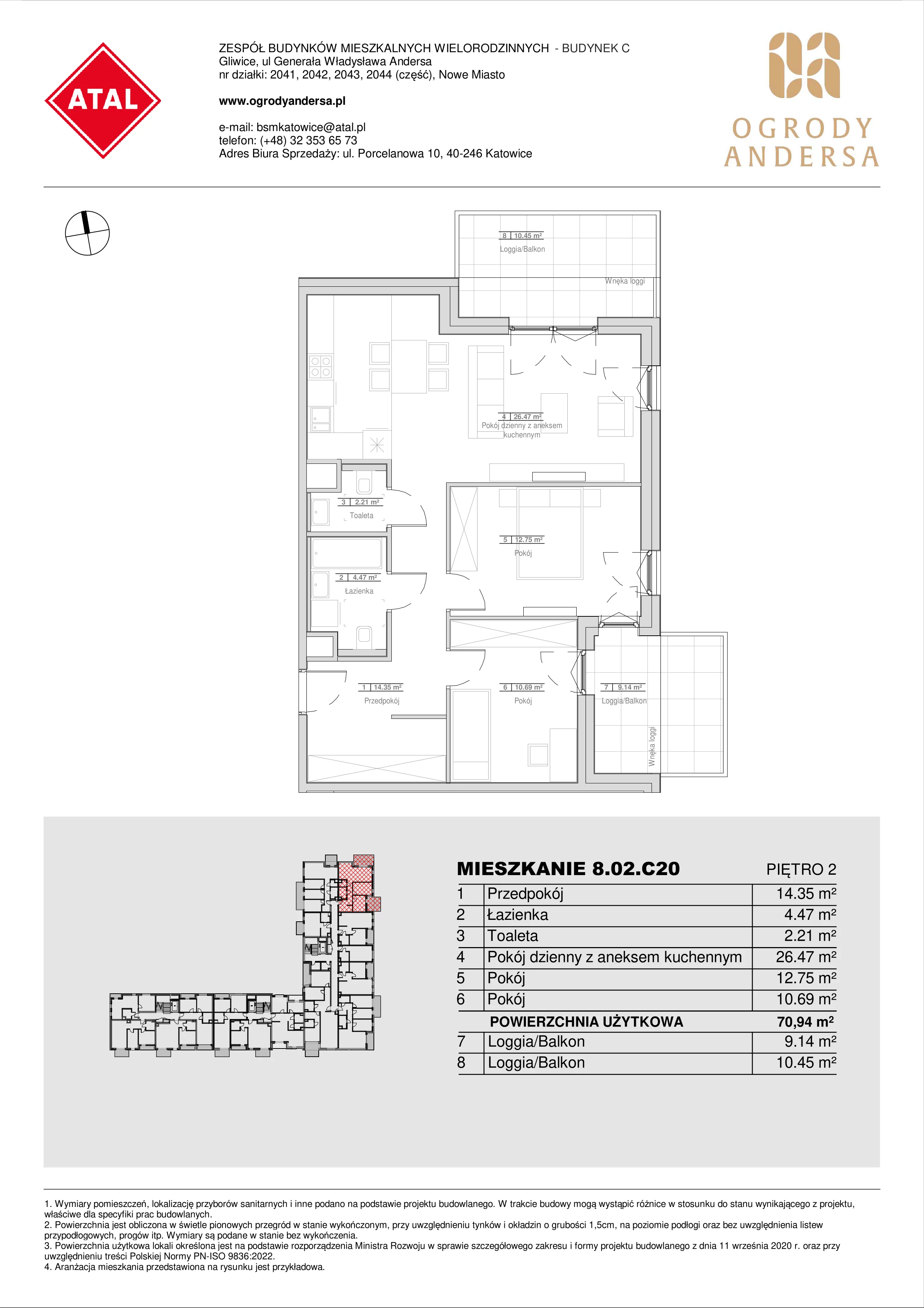 Mieszkanie 70,95 m², piętro 2, oferta nr 8.02.C20, Ogrody Andersa II, Gliwice, Wojska Polskiego, ul. Generała Władysława Andersa