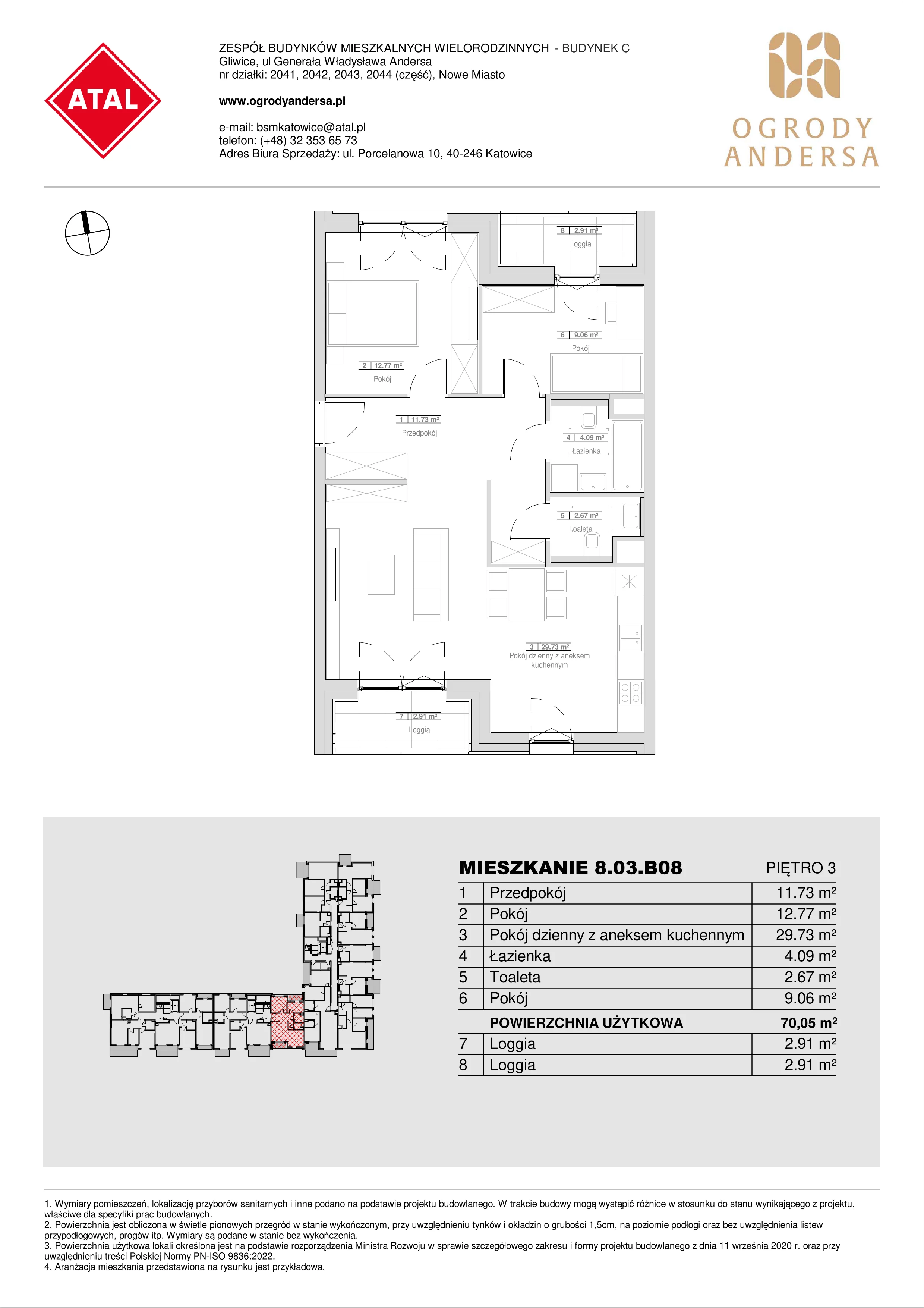 Mieszkanie 70,05 m², piętro 3, oferta nr 8.03.B08, Ogrody Andersa II, Gliwice, Wojska Polskiego, ul. Generała Władysława Andersa