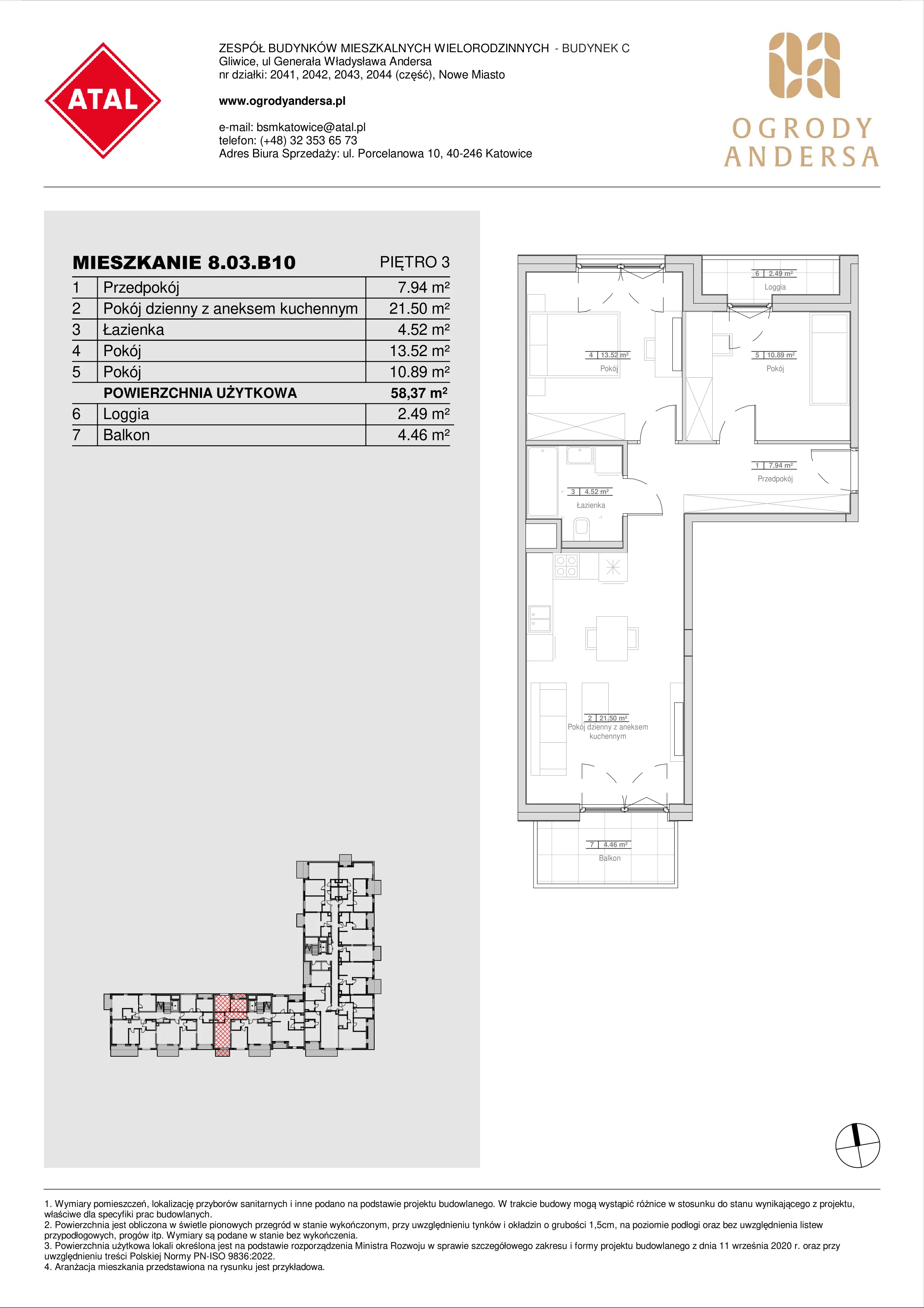 Mieszkanie 58,38 m², piętro 3, oferta nr 8.03.B10, Ogrody Andersa II, Gliwice, Wojska Polskiego, ul. Generała Władysława Andersa