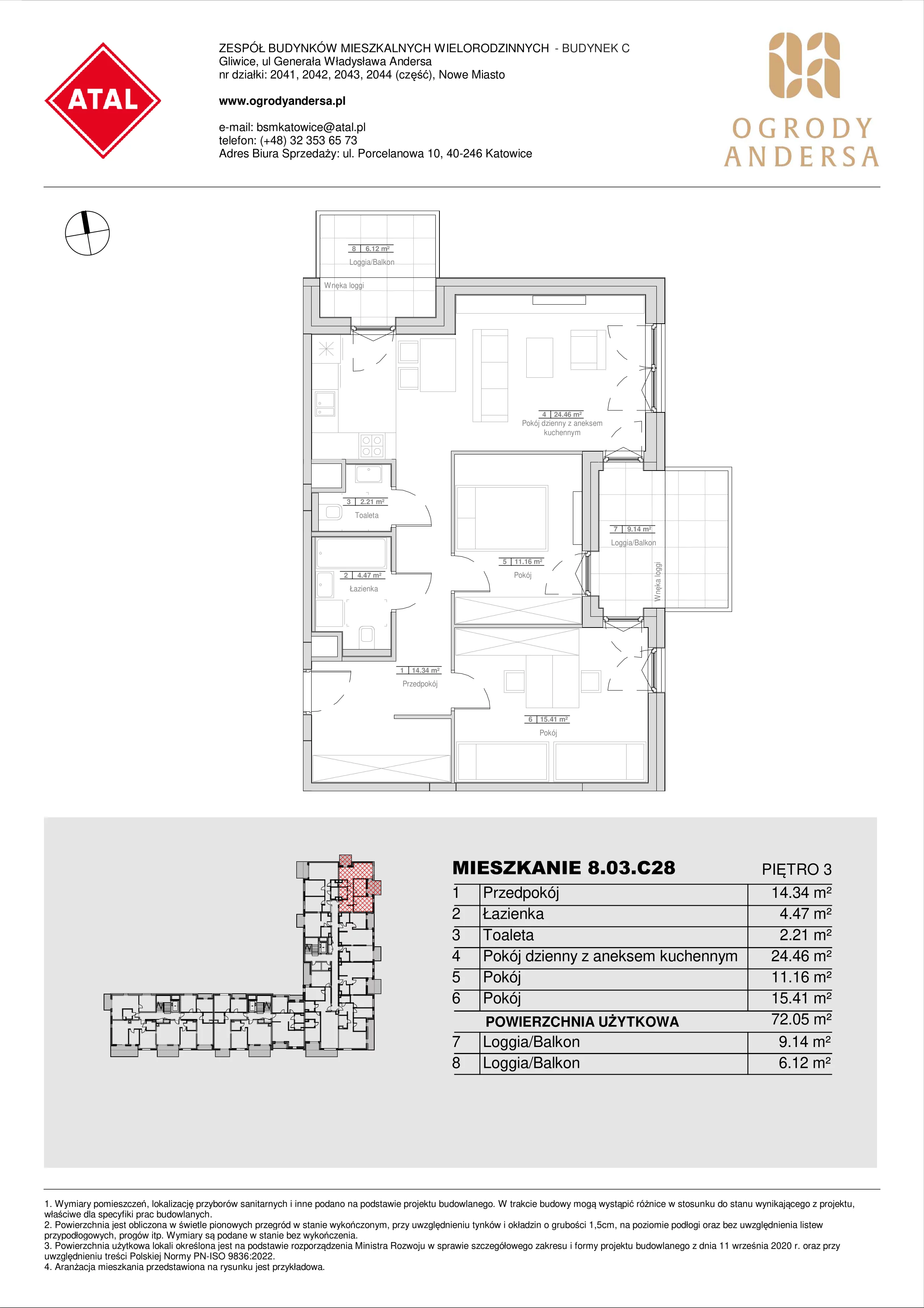 Mieszkanie 72,05 m², piętro 3, oferta nr 8.03.C28, Ogrody Andersa II, Gliwice, Wojska Polskiego, ul. Generała Władysława Andersa