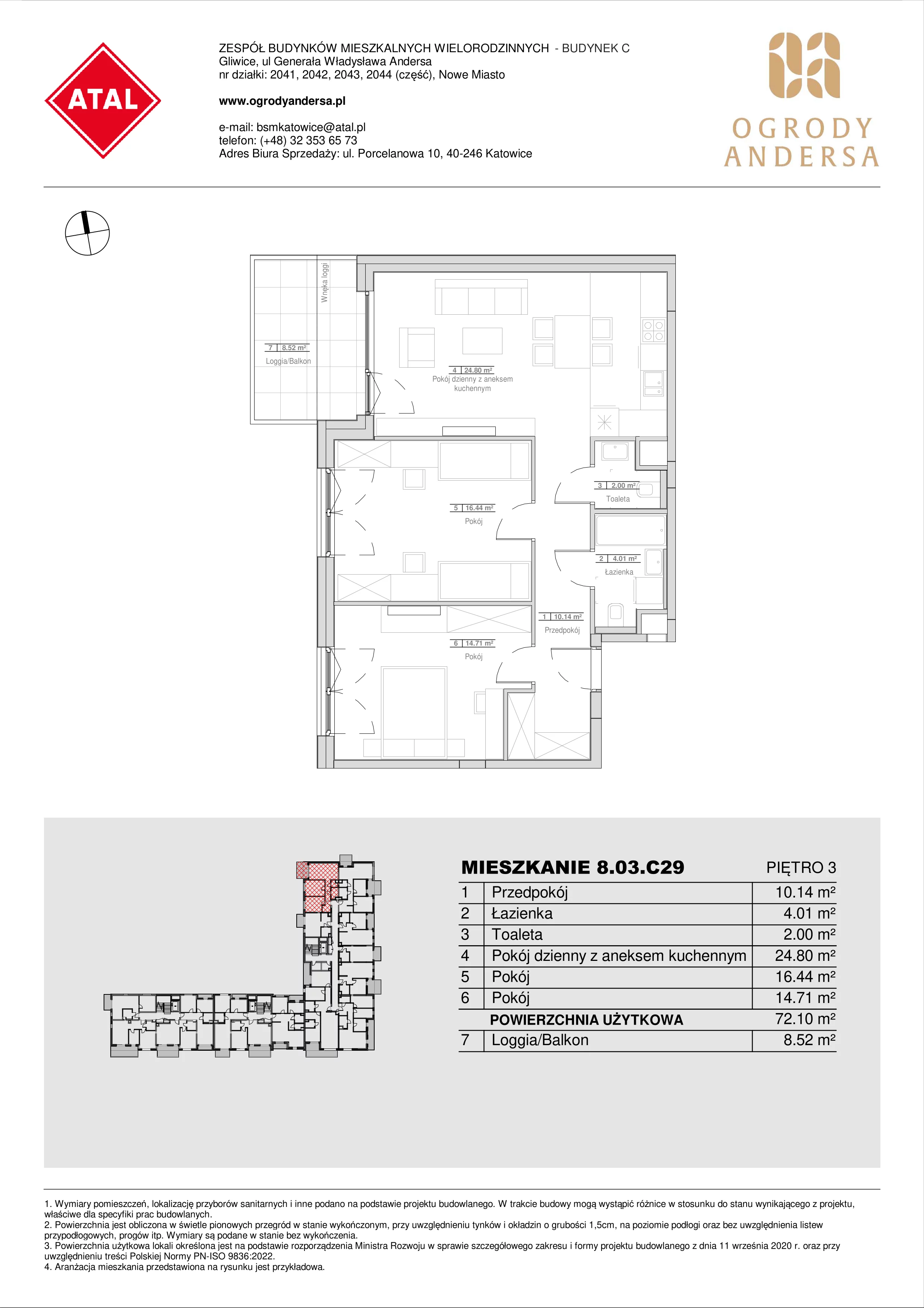 Mieszkanie 72,10 m², piętro 3, oferta nr 8.03.C29, Ogrody Andersa II, Gliwice, Wojska Polskiego, ul. Generała Władysława Andersa