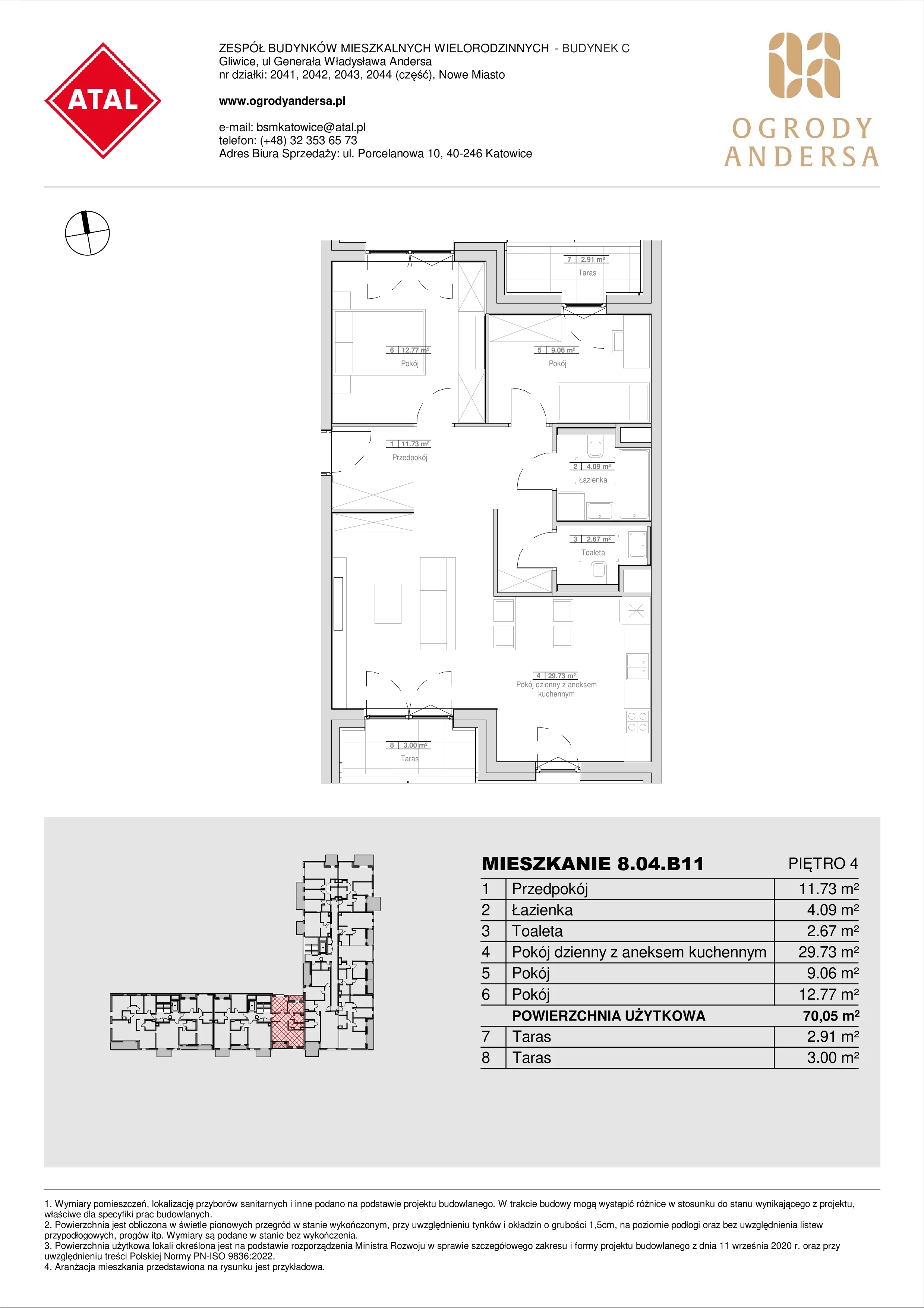 Mieszkanie 70,05 m², piętro 4, oferta nr 8.04.B11, Ogrody Andersa II, Gliwice, Wojska Polskiego, ul. Generała Władysława Andersa