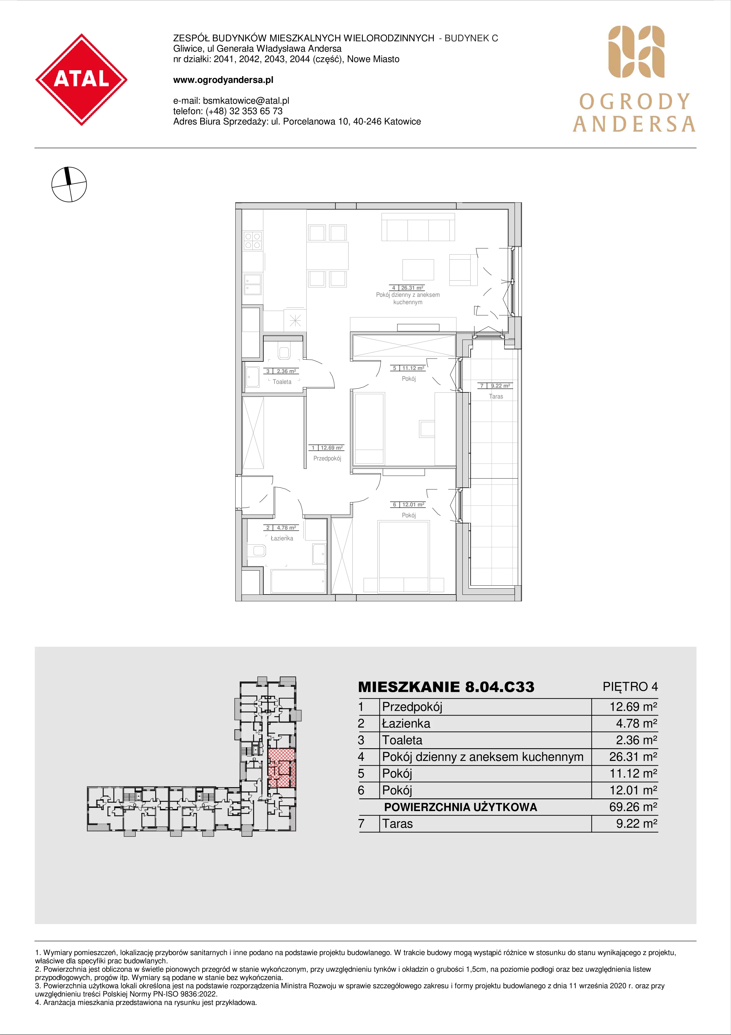 3 pokoje, mieszkanie 69,26 m², piętro 4, oferta nr 8.04.C33, Ogrody Andersa II, Gliwice, Wojska Polskiego, ul. Generała Władysława Andersa