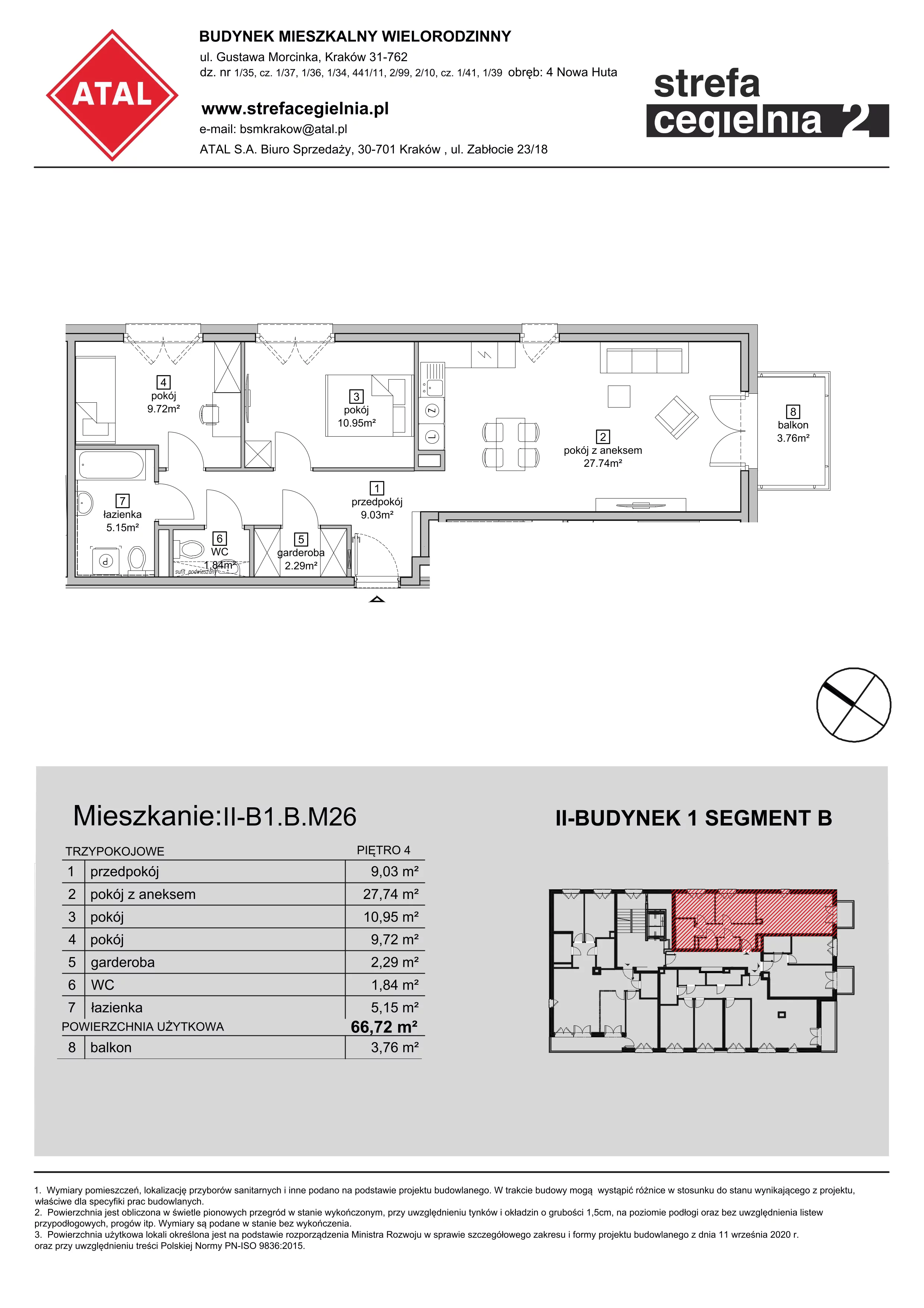 Mieszkanie 66,72 m², piętro 4, oferta nr II-B1.B.M26, Strefa Cegielnia 2, Kraków, Wzgórza Krzesławickie, Zesławice, ul. Gustawa Morcinka