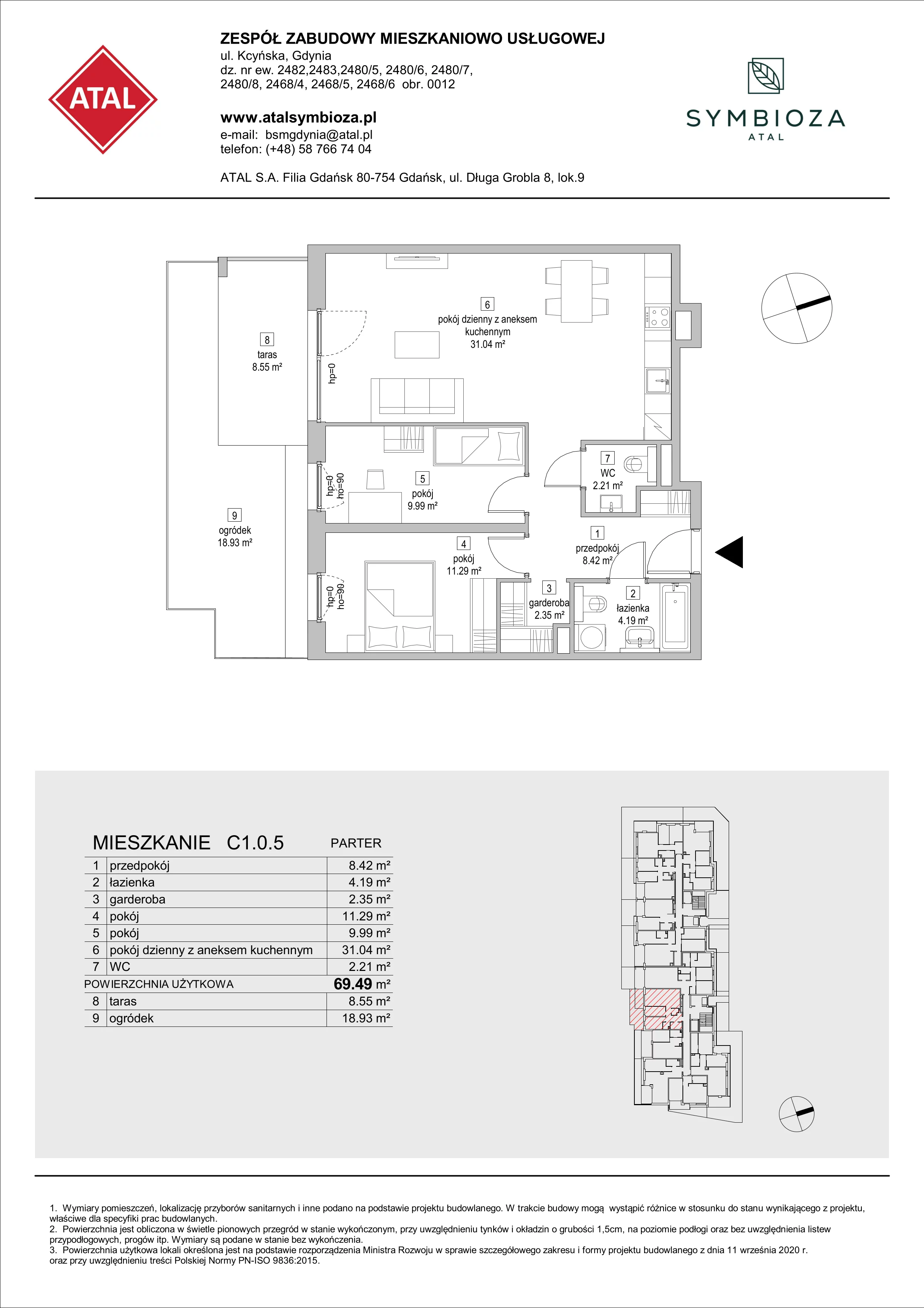 Mieszkanie 69,49 m², parter, oferta nr C1.0.5, ATAL Symbioza, Gdynia, Cisowa, ul. Kcyńska