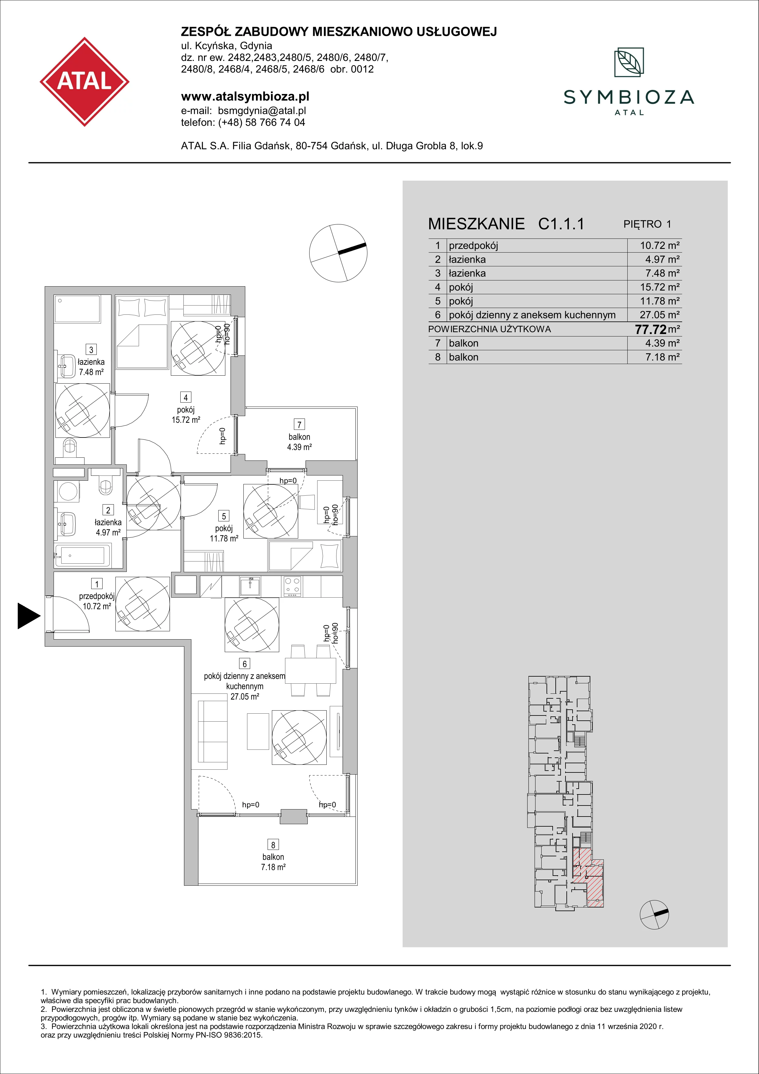 Mieszkanie 77,72 m², piętro 1, oferta nr C1.1.1, ATAL Symbioza, Gdynia, Cisowa, ul. Kcyńska